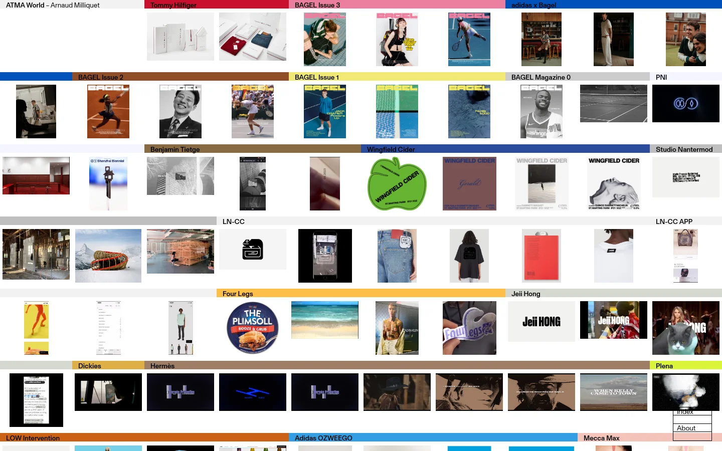 The ATMA World homepage features a minimalist design with a white background and a grid of large, high-quality project images. Each project is labeled with a text heading such as 'Tommy Hilfiger' or 'adidas x Bagel' above a series of clickable image thumbnails. The layout is spacious, using a clean sans-serif font for project titles and a bottom navigation bar with various project names.