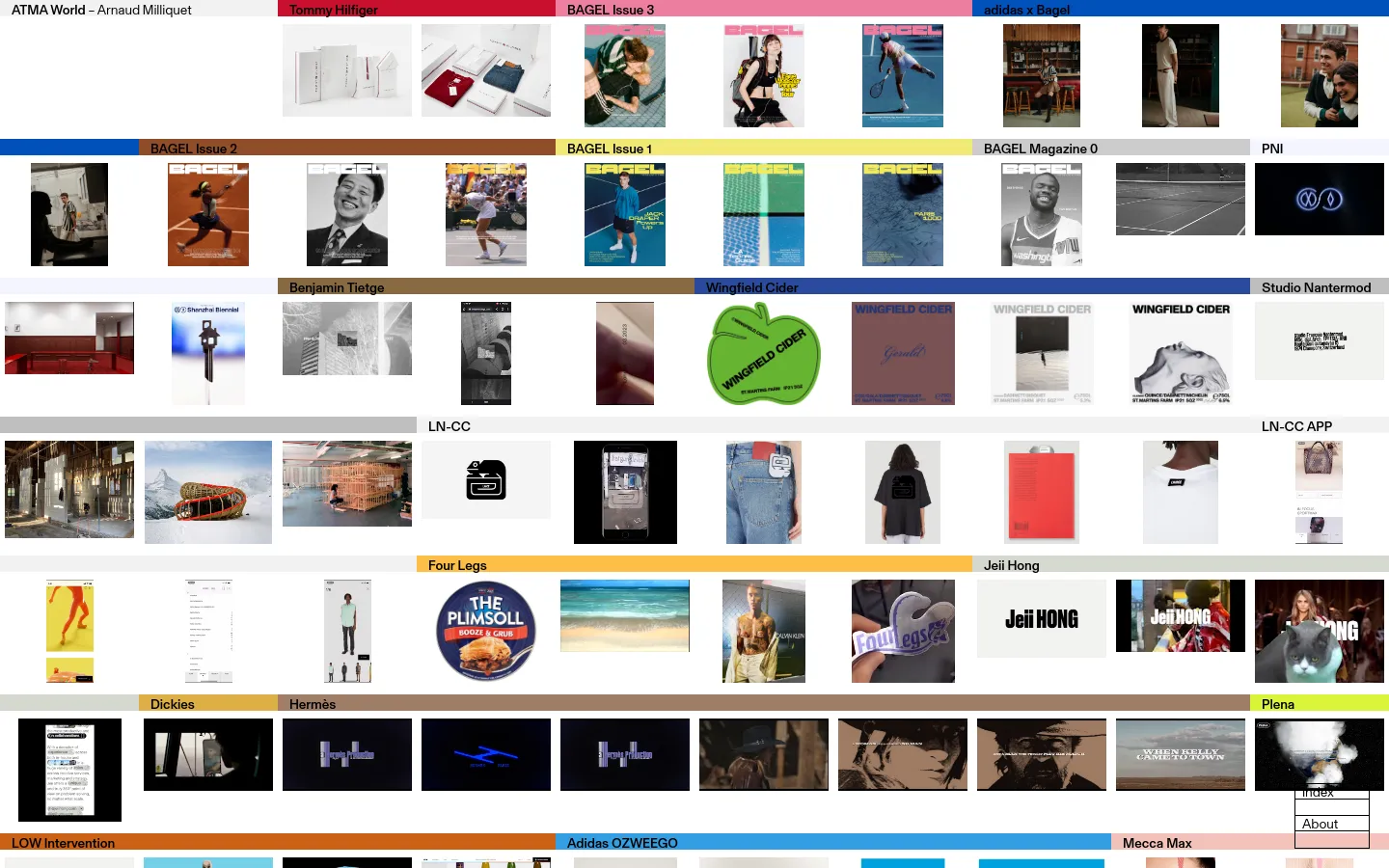The ATMA World homepage features a minimalist design with a white background and a grid of large, high-quality project images. Each project is labeled with a text heading such as 'Tommy Hilfiger' or 'adidas x Bagel' above a series of clickable image thumbnails. The layout is spacious, using a clean sans-serif font for project titles and a bottom navigation bar with various project names.