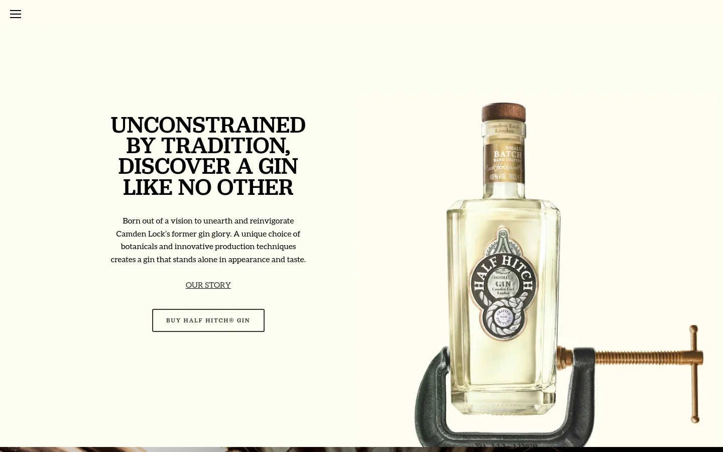 The desktop homepage features a minimalist cream background with a large hero image of a Half Hitch gin bottle held by a metal clamp on the right. On the left, bold black serif text reads 'UNCONSTRAINED BY TRADITION, DISCOVER A GIN LIKE NO OTHER' above a short description and two buttons: 'OUR STORY' and 'BUY HALF HITCH® GIN'.
