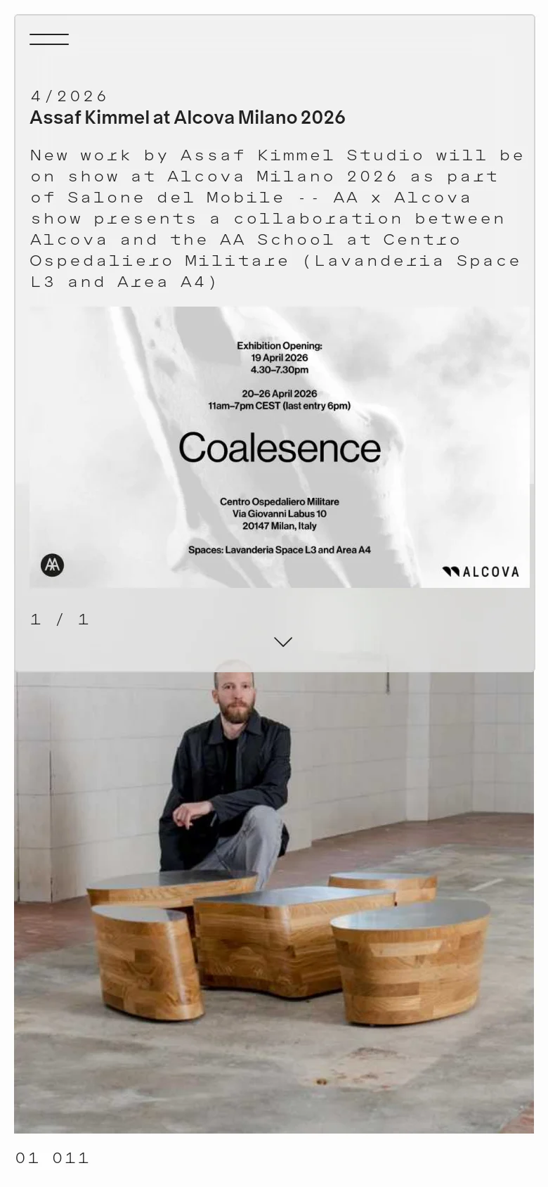 The mobile version maintains the minimalist white and black aesthetic but uses a single-column vertical layout. The text and images, including the Alcova Milano announcement and the Archipelago Table photography, are stacked vertically for easy scrolling on a narrow screen.