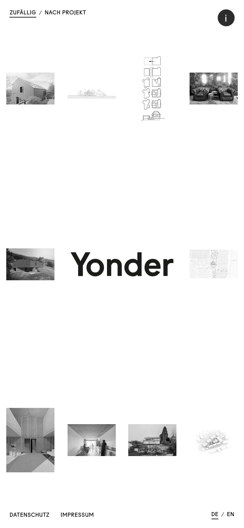 The mobile version presents a single-column vertical scroll of the same black and white architectural imagery and sketches. The 'Yonder' logo and navigation elements are stacked vertically, providing a simplified, focused view of the portfolio projects.