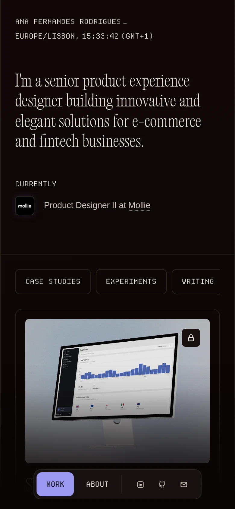 The mobile version maintains the dark, minimalist aesthetic but uses a single-column layout for easier scrolling. The large headline is centered, and the navigation buttons and social icons are consolidated into a compact bottom bar for thumb-friendly access.