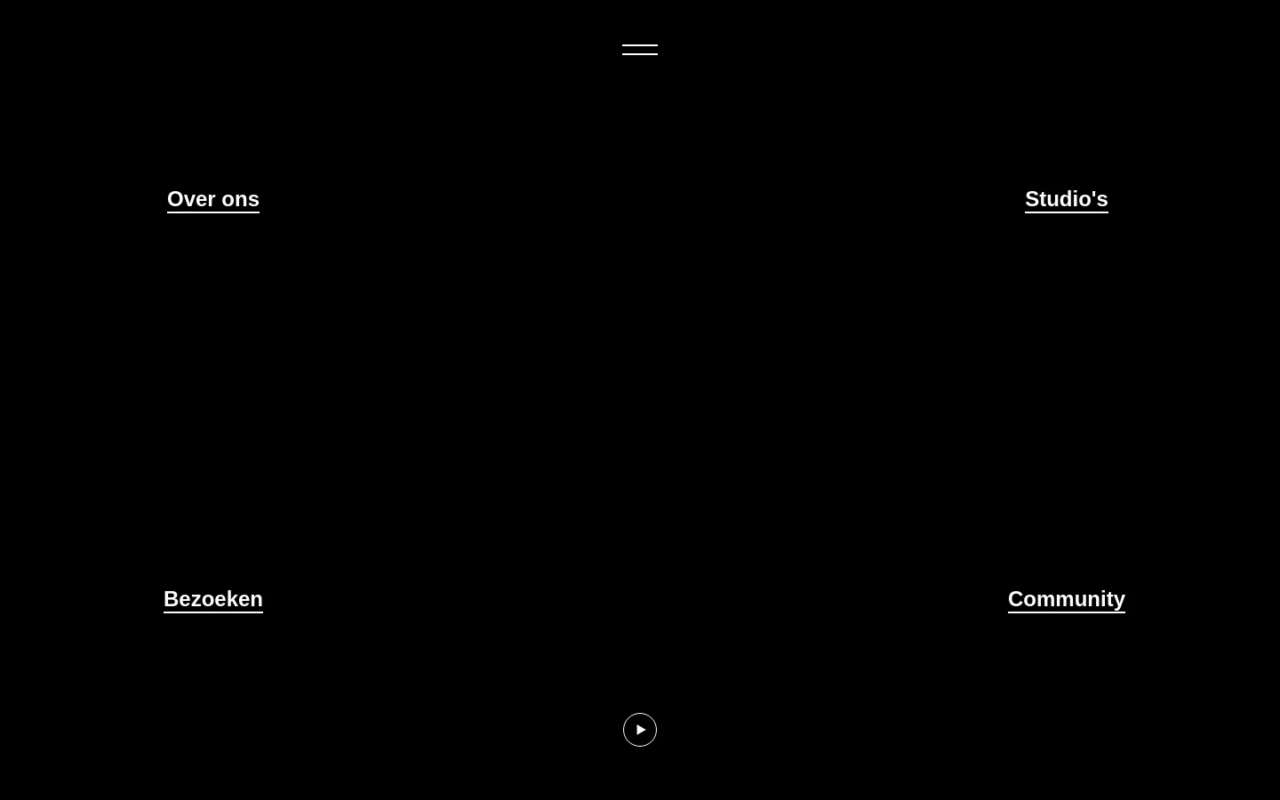 The desktop homepage features a dark, minimalist design with a large white 'M' logo and a video play button centered on a black background. Four navigation links—Over ons, Studio's, Bezoeken, and Community—are arranged in a symmetrical grid layout. The overall aesthetic is modern and high-contrast, using white text on a black backdrop.