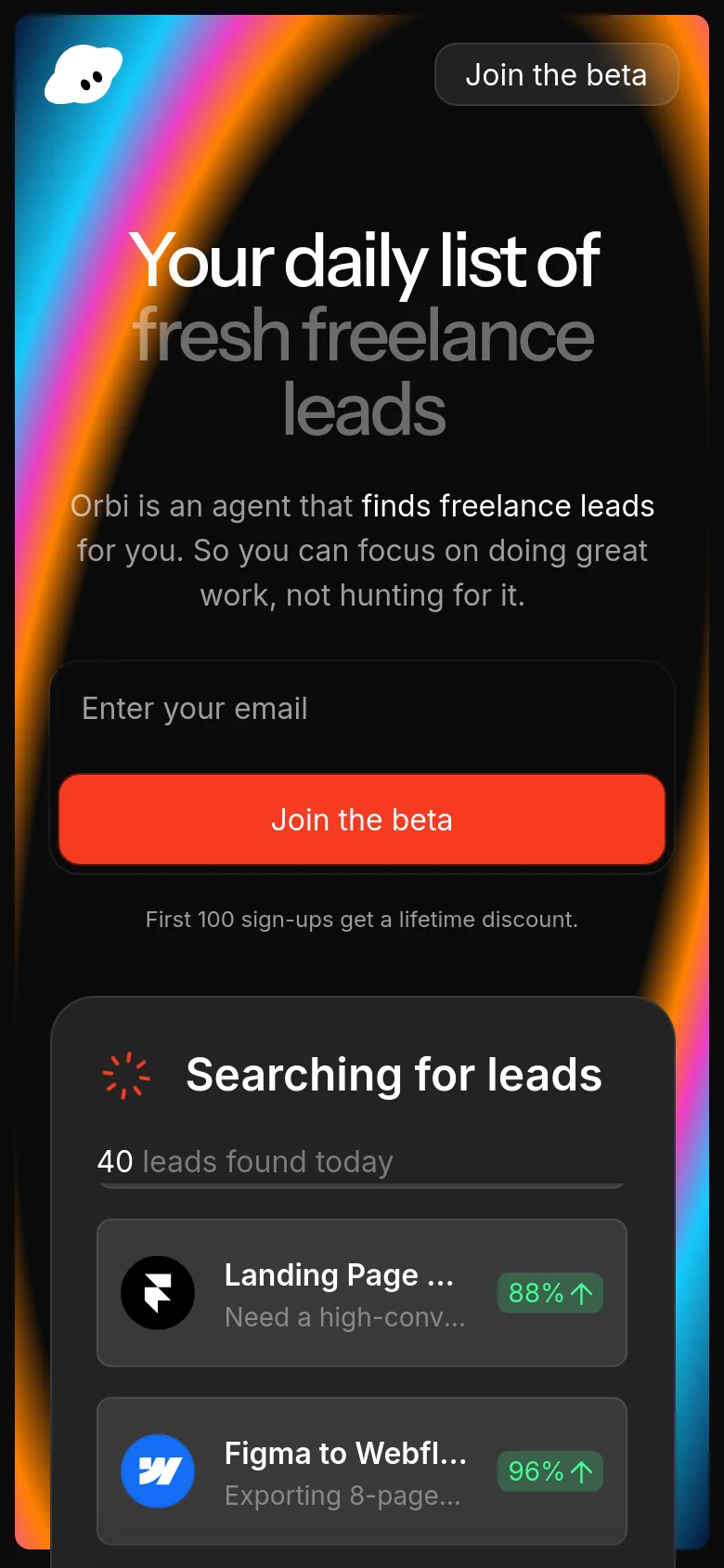 The mobile version uses a similar dark theme and rainbow gradient but features a vertically stacked layout. The headline and description are centered at the top, followed by a full-width email input and a large orange 'Join the beta' button. The lead preview card is positioned below, showing a condensed list of job opportunities optimized for a narrow screen.