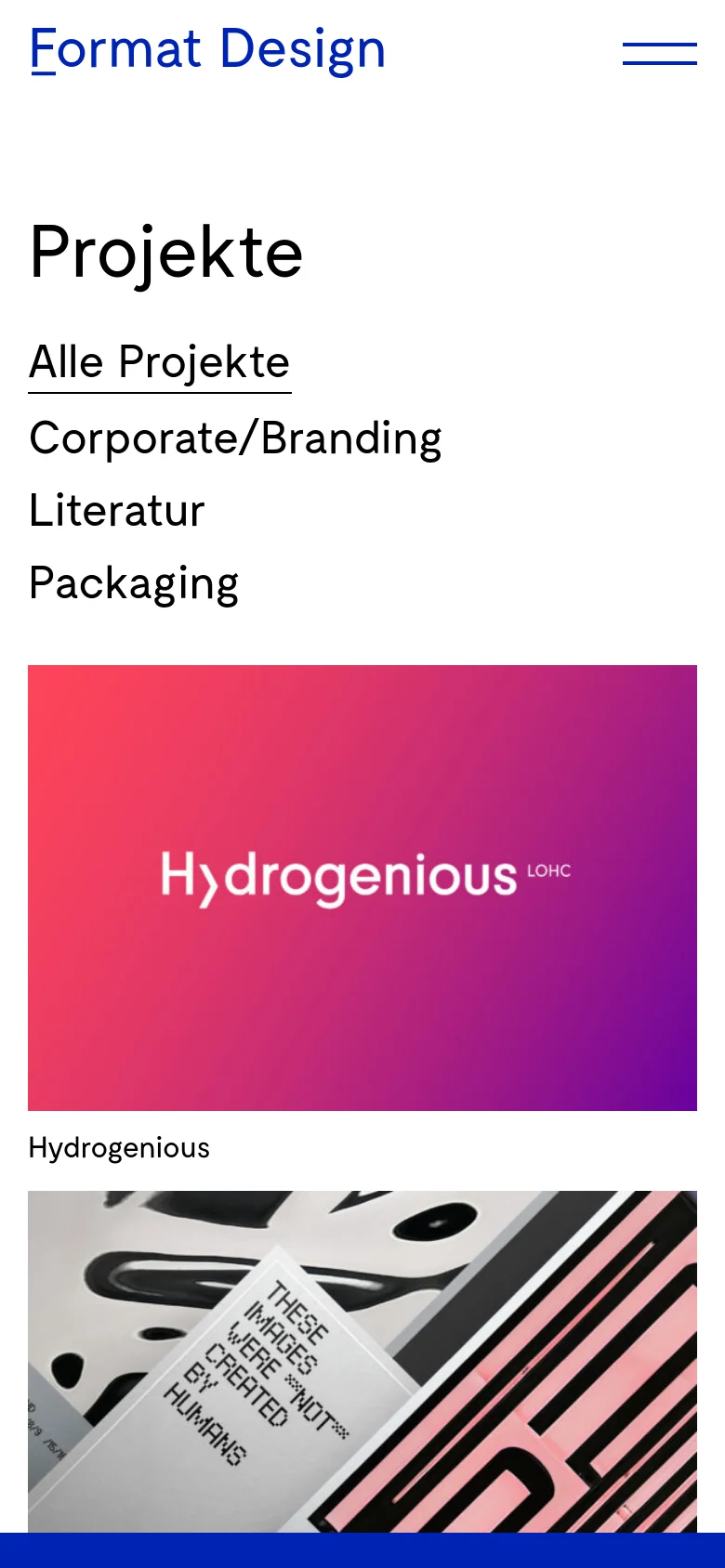The mobile version presents a vertical layout with the 'Projekte' headline and category navigation links stacked vertically. The project preview images, such as the 'Hydrogenious' gradient, are displayed in a single-column format, spanning the width of the screen.