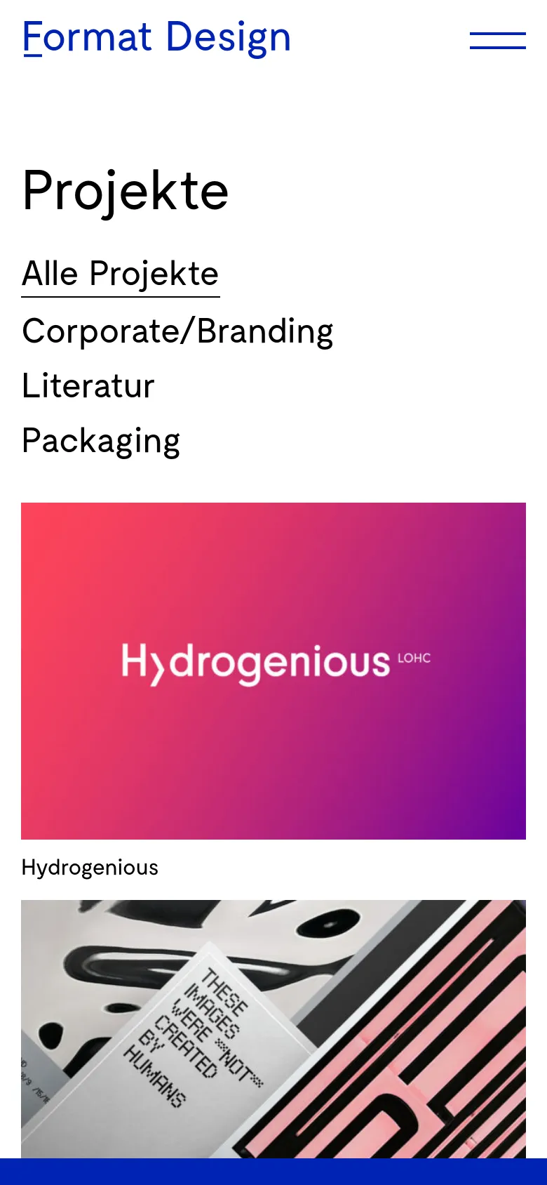 The mobile version presents a vertical layout with the 'Projekte' headline and category navigation links stacked vertically. The project preview images, such as the 'Hydrogenious' gradient, are displayed in a single-column format, spanning the width of the screen.