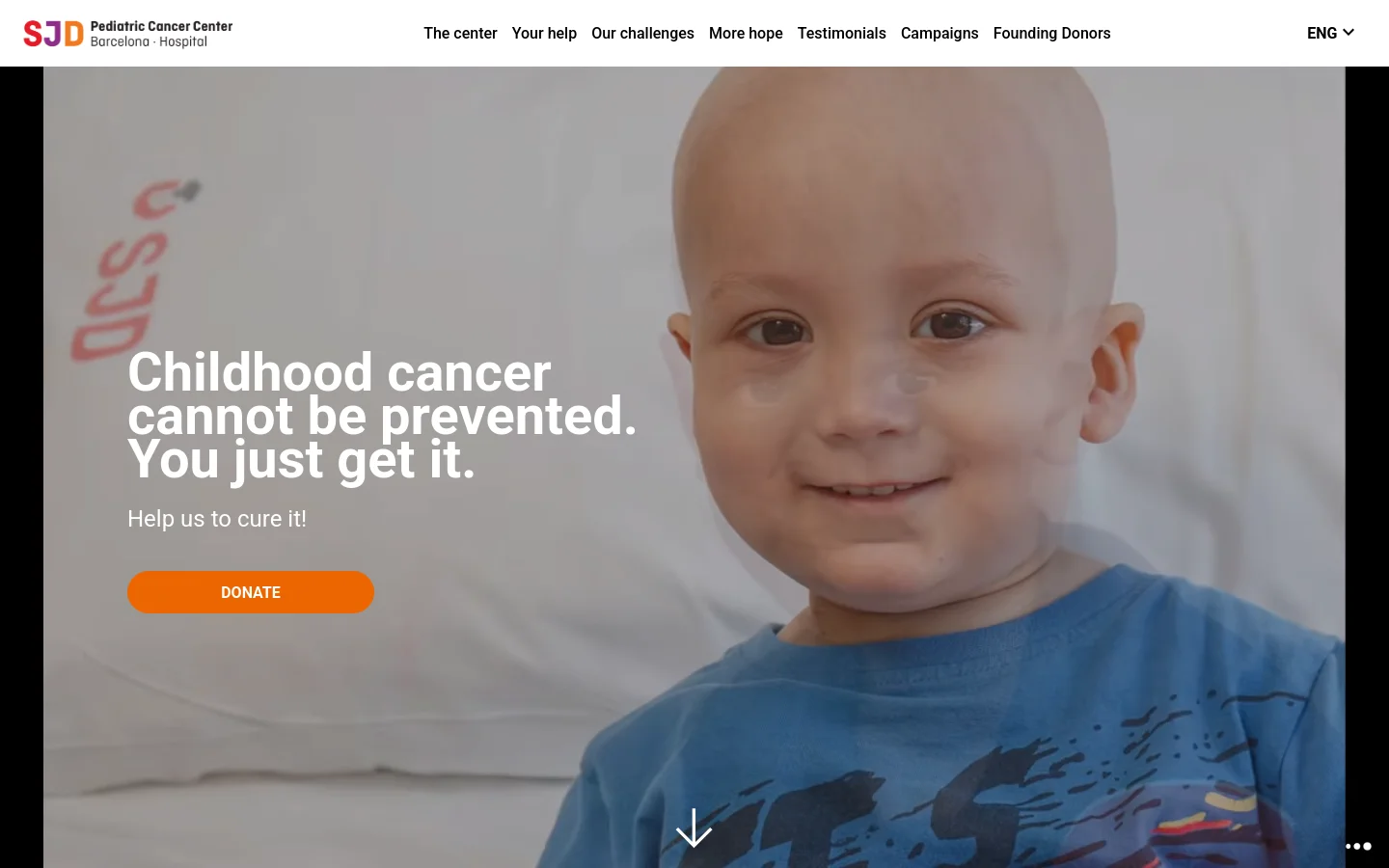 The desktop homepage features a large hero image of a smiling child in a blue shirt against a soft background. A prominent headline reads 'Childhood cancer cannot be prevented. You just get it.' above an orange 'DONATE' button, with a navigation menu at the top including links like 'The center' and 'Your help'.