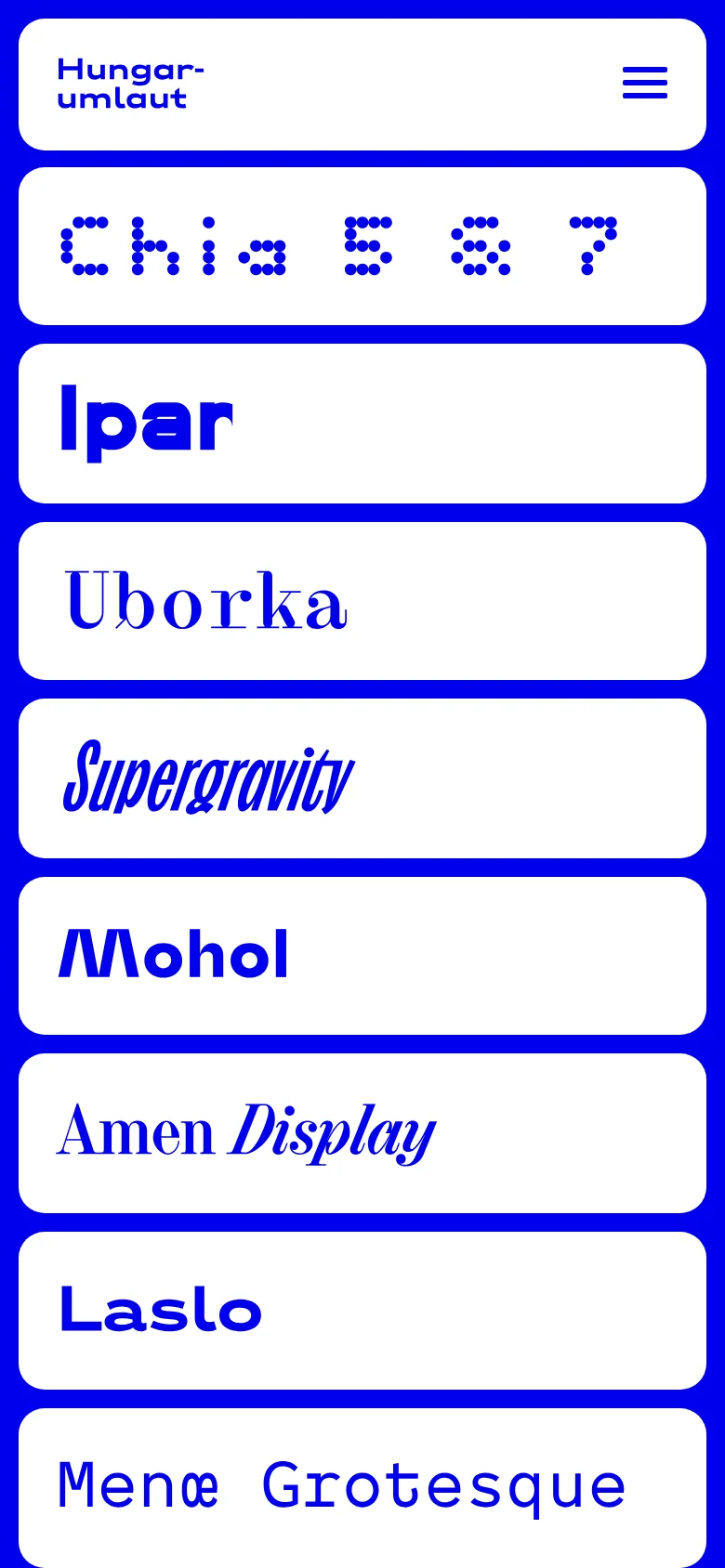 The mobile version features a simplified layout with a condensed header and a hamburger menu icon. The typeface specimens are arranged in a single-column stack of large, blue-outlined white cards, making each font name, such as Chia and Ipar, easy to tap on a smaller screen.