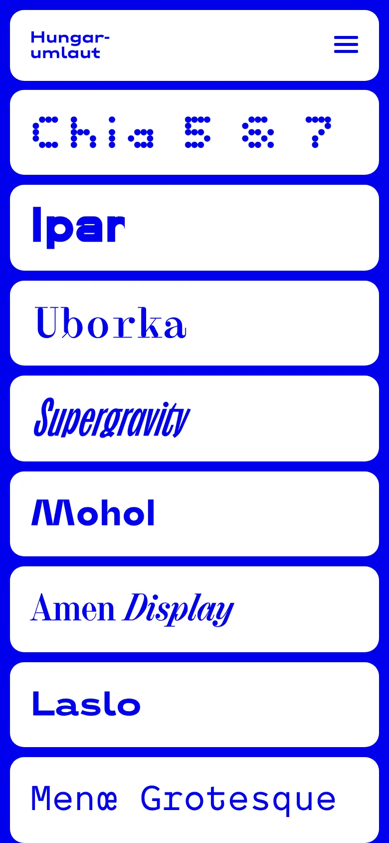 The mobile version features a simplified layout with a condensed header and a hamburger menu icon. The typeface specimens are arranged in a single-column stack of large, blue-outlined white cards, making each font name, such as Chia and Ipar, easy to tap on a smaller screen.