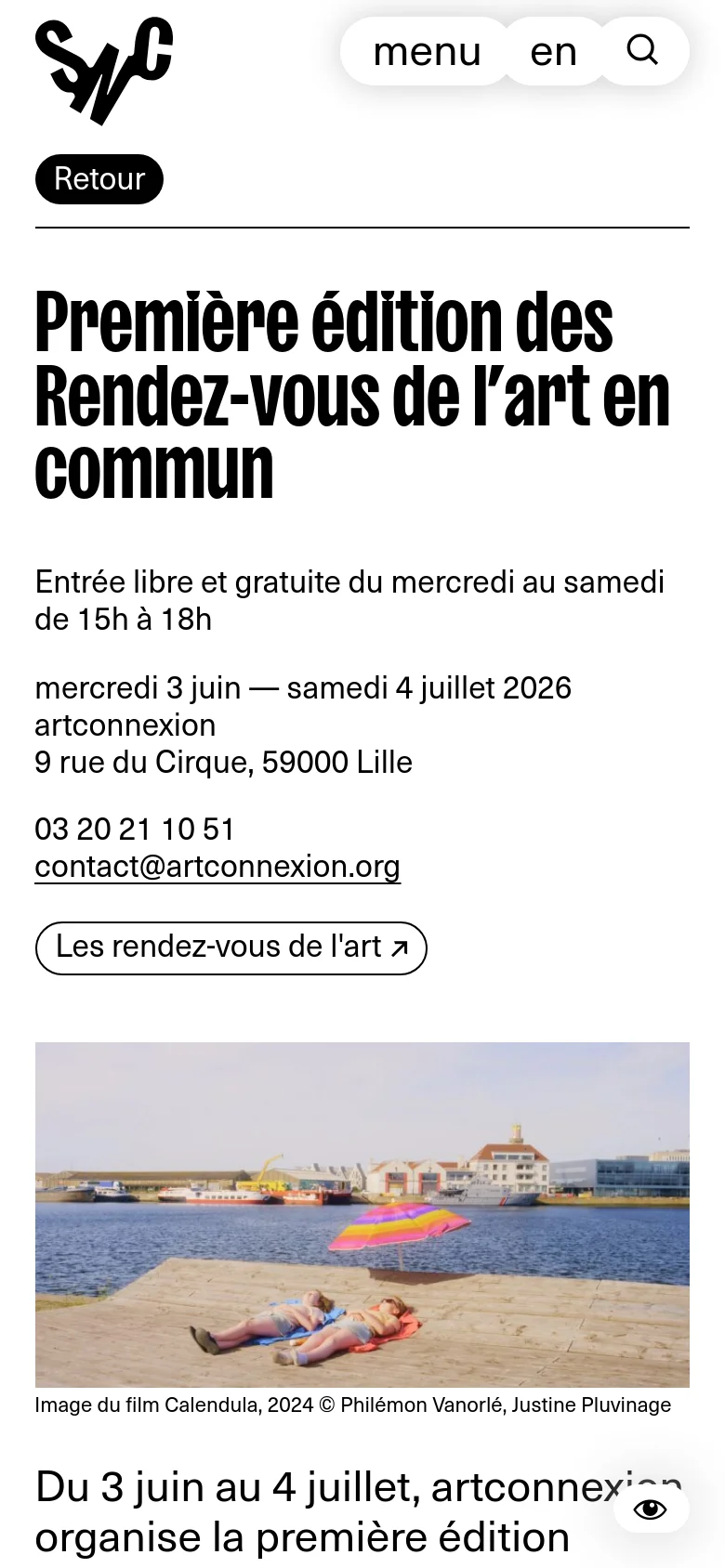 The mobile version presents a vertically stacked layout with the large headline at the top, followed by event details and contact information. The hero image of the girls on the terrace is scaled to fit the narrower screen width, and the navigation menu is condensed into a 'menu' button with language and search icons at the top.