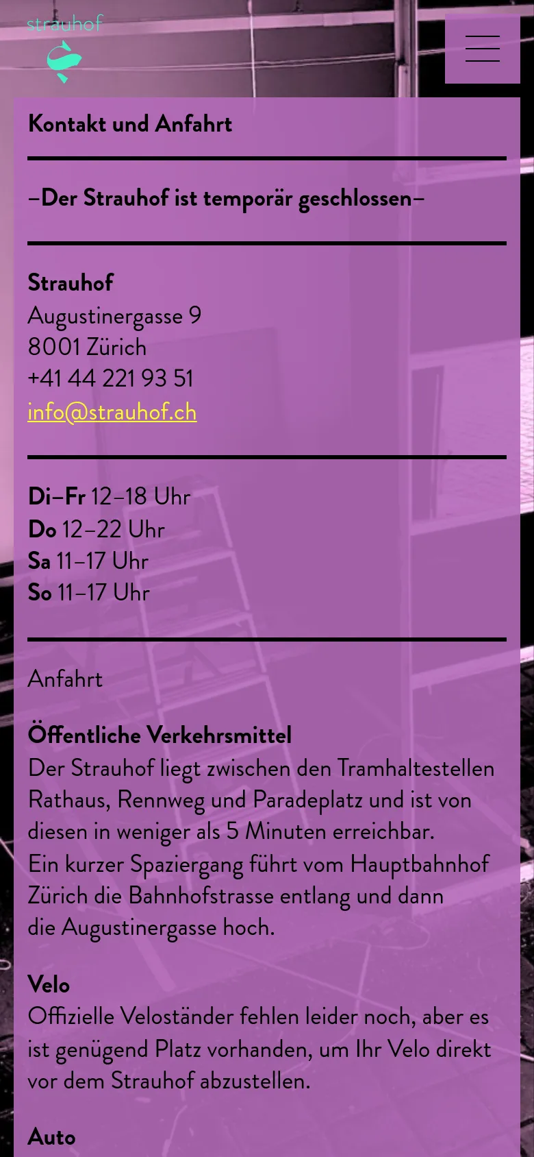 The mobile version simplifies the layout, removing the semi-transparent content box in favor of a full-width purple overlay. The navigation bar is replaced by a hamburger menu icon in the top right, and the text content is stacked vertically for easier scrolling on a small screen.