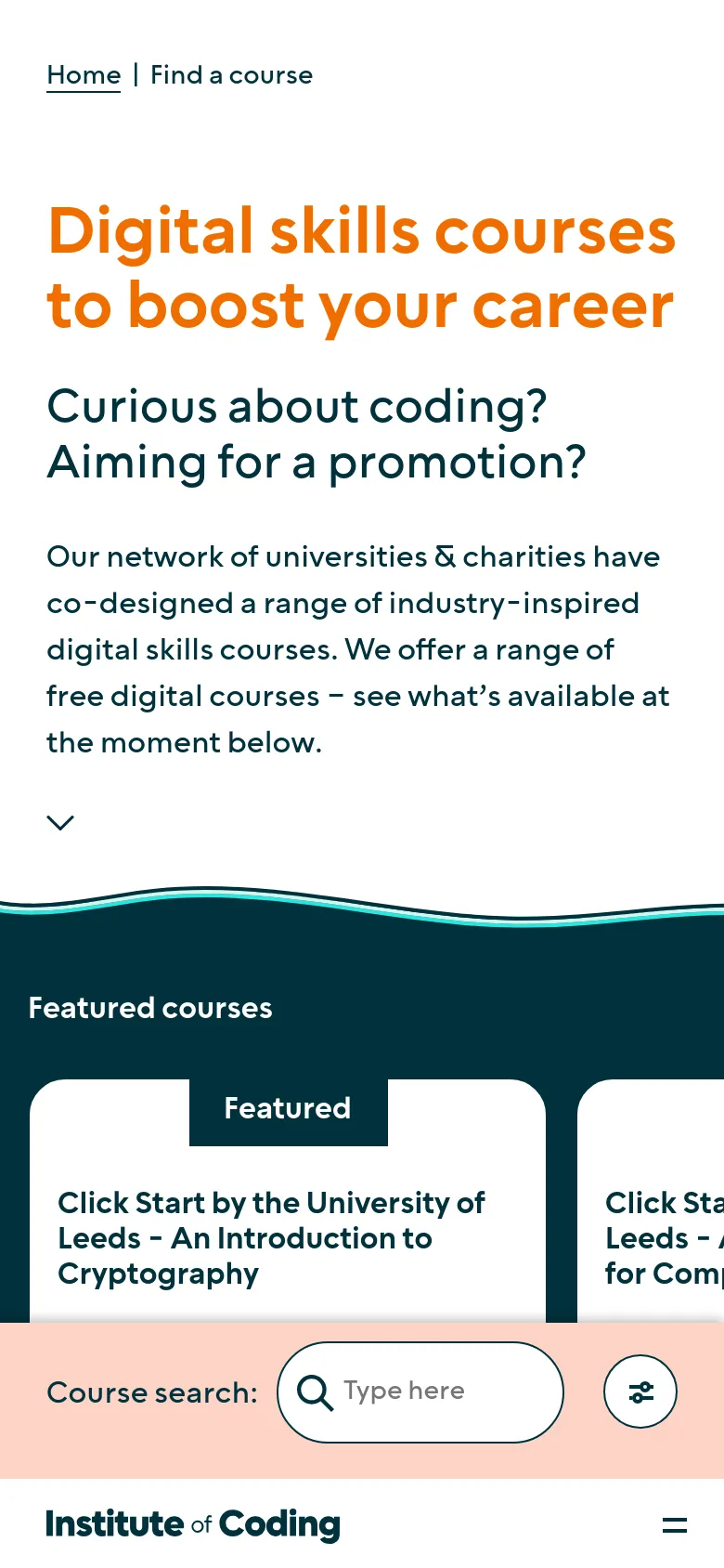 The mobile version uses a single-column layout with the hero text and orange headlines stacked vertically. The left-hand filter sidebar is hidden, and the featured course cards are displayed as large, full-width elements. A bottom navigation bar includes a search input and a filter icon for easier access on small screens.