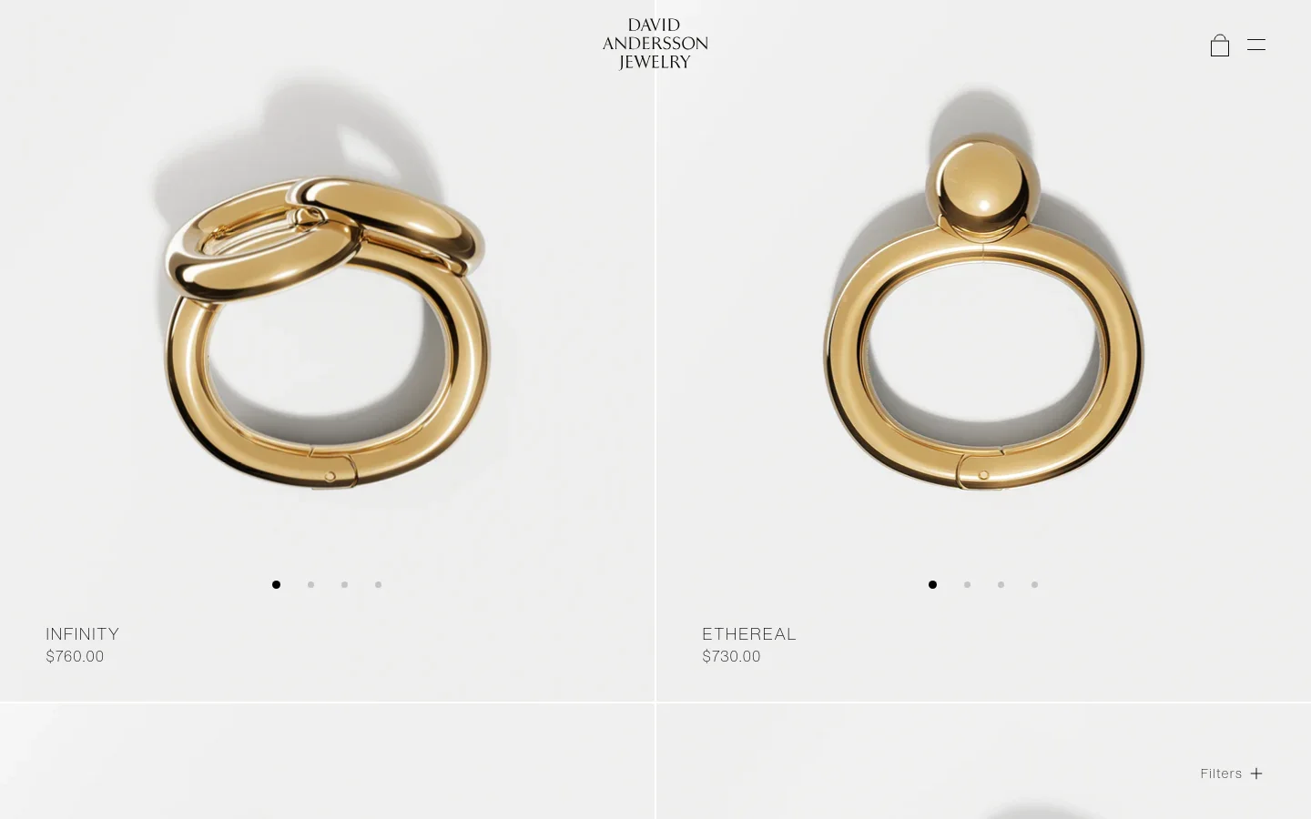 The desktop shop page features a minimalist design with a white background and large, high-quality product imagery. A grid of jewelry items, such as the Infinity and Ethereal rings, is displayed with their names and prices in a clean serif font below each image. A navigation bar at the top includes the brand name 'David Andersson Jewelry', a shopping bag icon, and a menu icon, with a 'Filters' option located at the bottom right.
