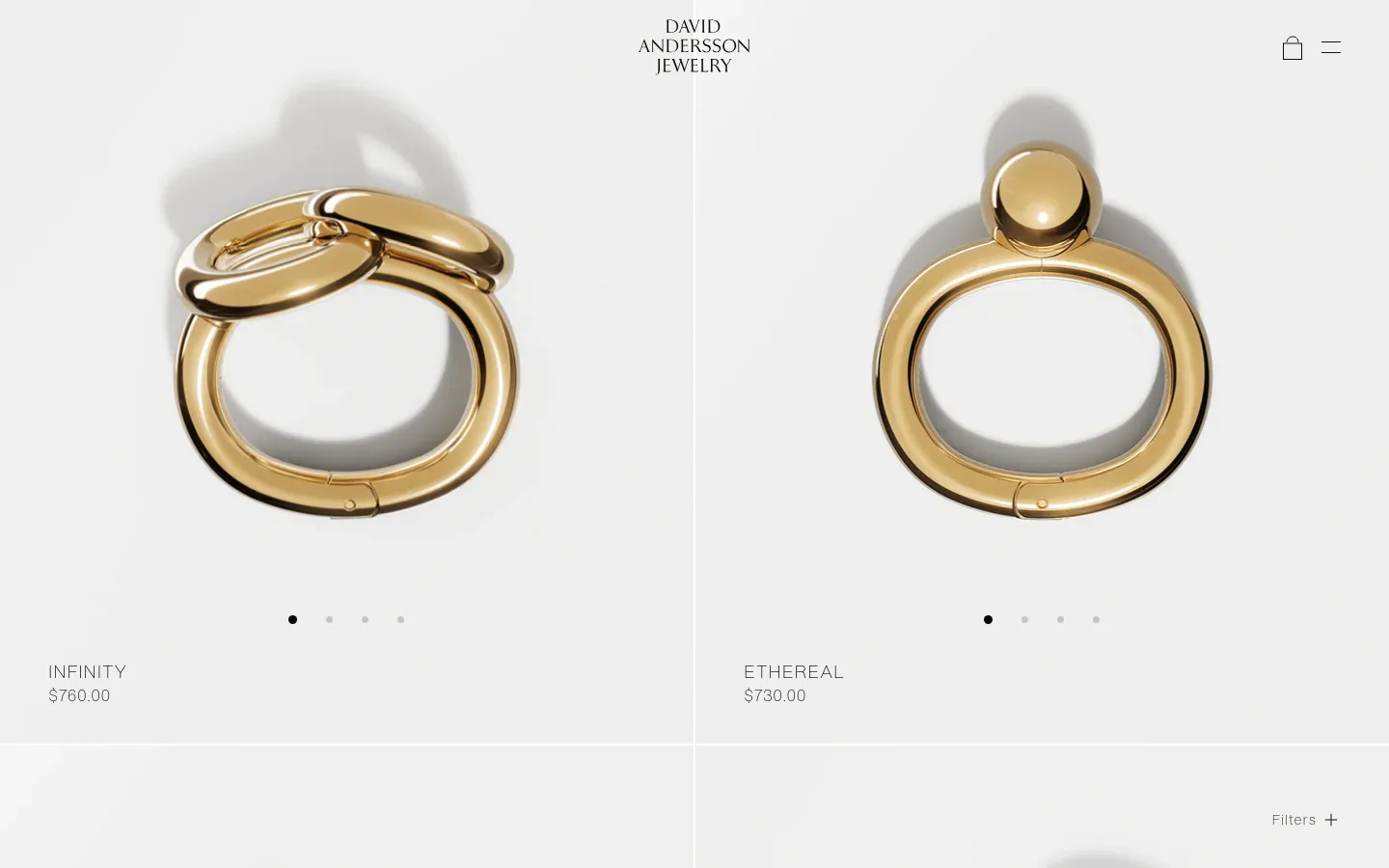 The desktop shop page features a minimalist design with a white background and large, high-quality product imagery. A grid of jewelry items, such as the Infinity and Ethereal rings, is displayed with their names and prices in a clean serif font below each image. A navigation bar at the top includes the brand name 'David Andersson Jewelry', a shopping bag icon, and a menu icon, with a 'Filters' option located at the bottom right.