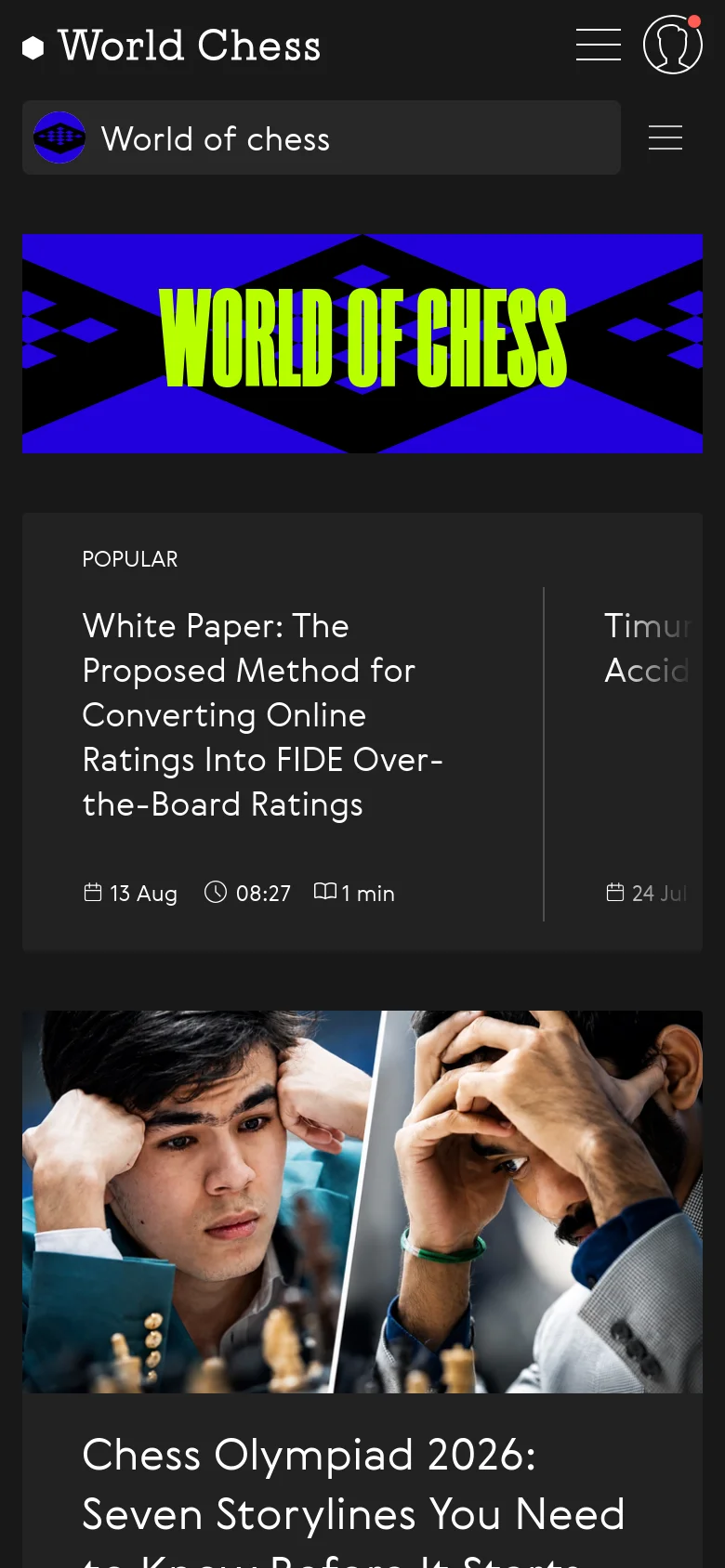 The mobile version simplifies the layout by replacing the sidebar with a top navigation menu and a hamburger icon. The lime green 'WORLD OF CHESS' hero banner remains prominent, followed by a vertically stacked feed of news articles, including a popular section and a large featured article with a prominent image.