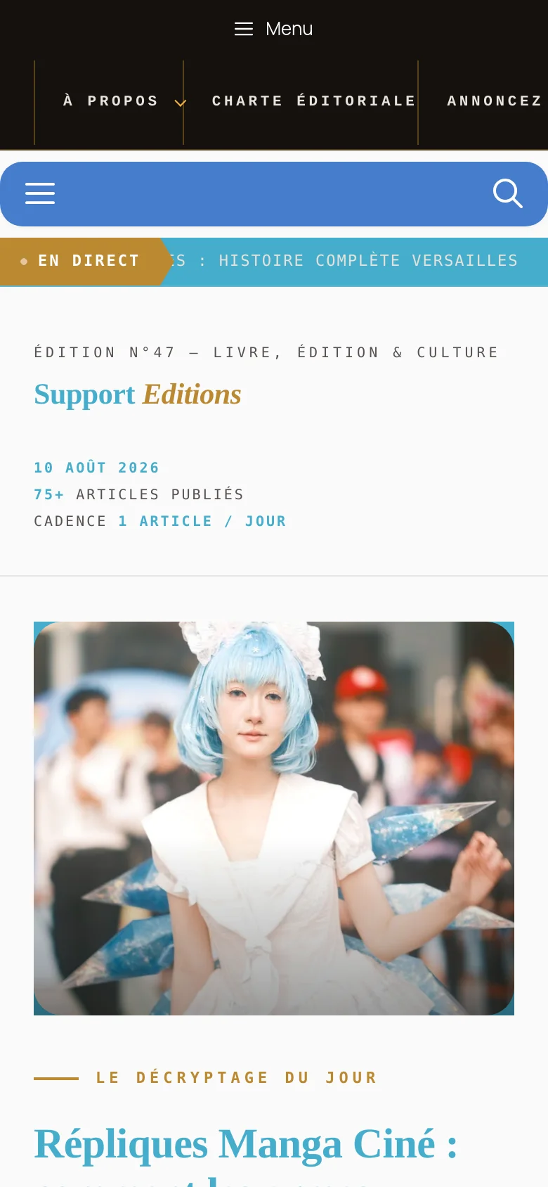 The mobile version presents a simplified, single-column layout with a hamburger menu icon and a search icon in a blue header. The content is stacked vertically, starting with the site branding and publication stats, followed by the large featured cosplay image and the main article headline and description.
