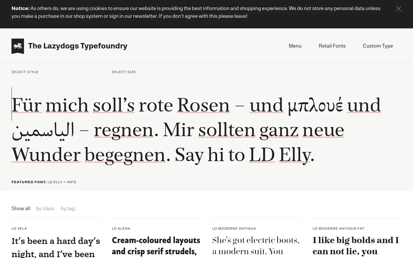 The desktop website for The Lazydogs Typefoundry features a clean, minimalist white layout with black text. A large hero section displays a typographic sample in multiple languages, followed by font filtering options by class and tag, and a grid of font previews below.