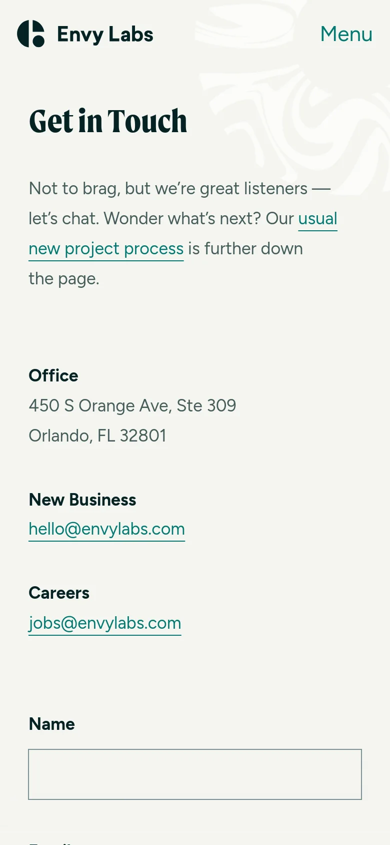 Envy Labs Contact mobile website screenshot