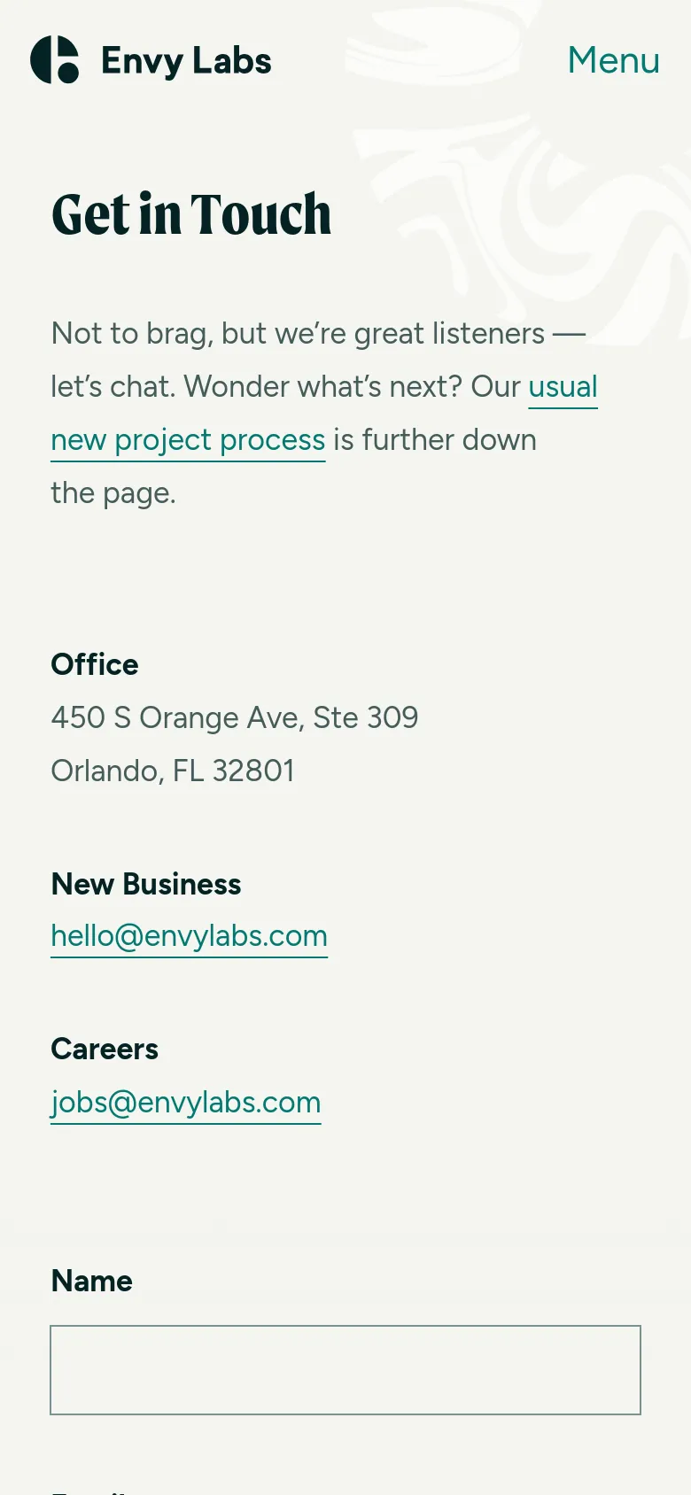 Envy Labs Contact mobile website screenshot