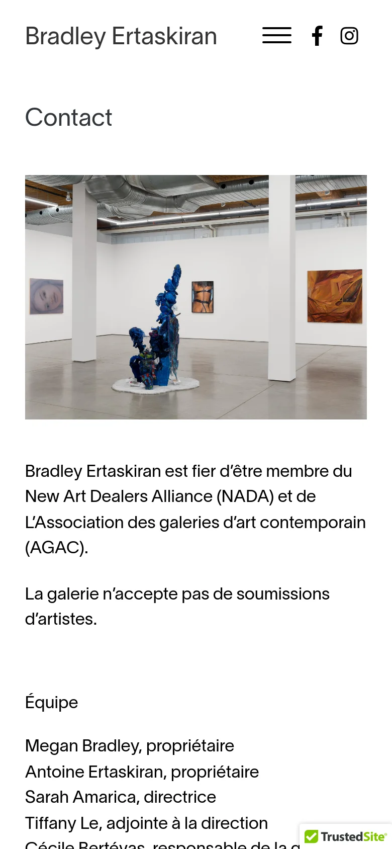 The mobile version presents a single-column layout with the gallery hero image at the top, followed by the contact text and team list. The navigation is condensed into a hamburger menu icon next to social media links, and the content is vertically stacked for easy scrolling on a small screen.