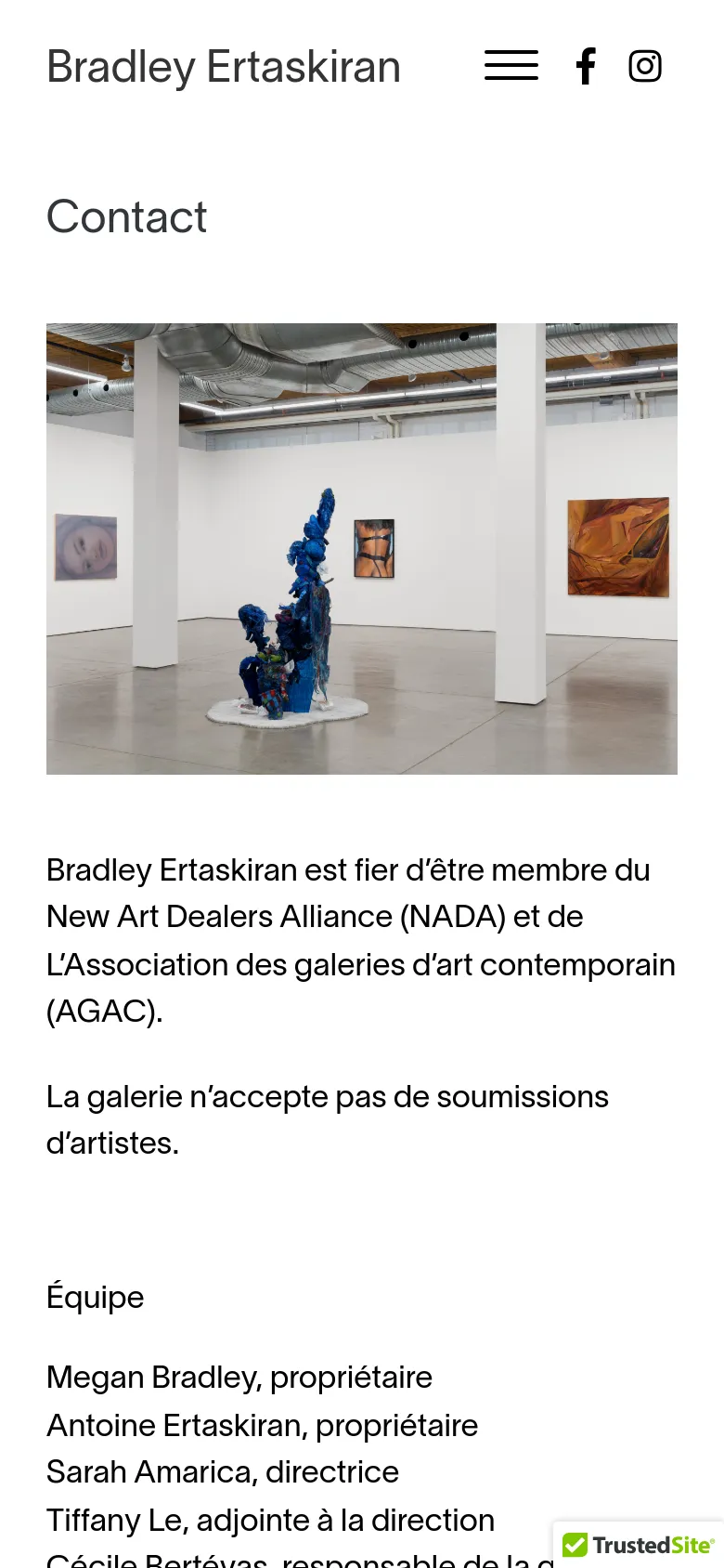 The mobile version presents a single-column layout with the gallery hero image at the top, followed by the contact text and team list. The navigation is condensed into a hamburger menu icon next to social media links, and the content is vertically stacked for easy scrolling on a small screen.