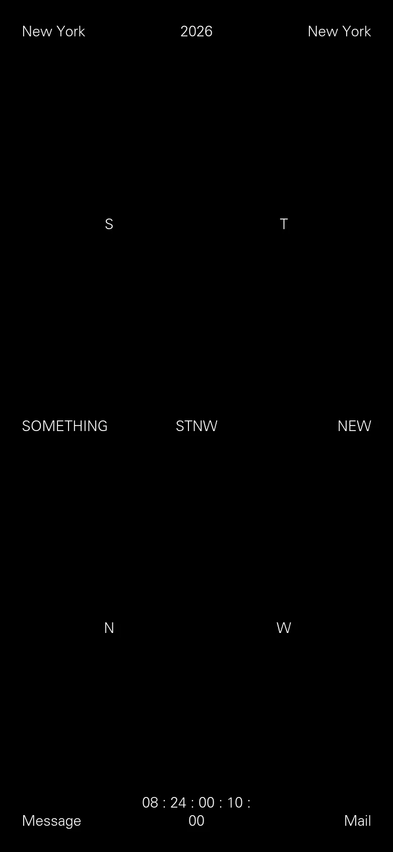 The mobile version maintains the minimalist black and white aesthetic with a vertical arrangement of text. The scattered letters and words are centered more tightly, and the bottom navigation links 'Message' and 'Mail' flank a central digital countdown timer.