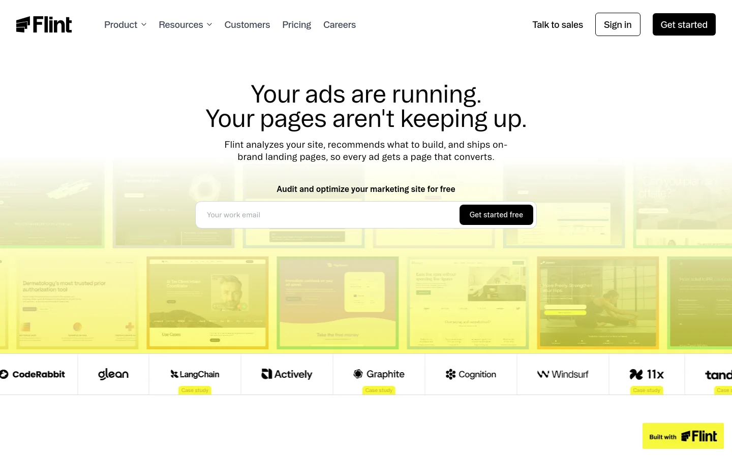 The desktop homepage features a clean, minimalist design with a white background and dark text. A large headline reads 'Your ads are running. Your pages aren't keeping up.' followed by a subheadline and a central email input field with a black 'Get started free' button. Below the hero section, a row of client logos like CodeRabbit and Glean is displayed against a light yellow background.