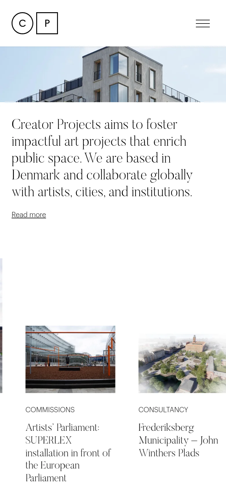 The mobile version simplifies the layout with a centered logo and a hamburger menu icon at the top. The hero image and mission statement are stacked vertically, followed by a grid of project cards featuring large images, category labels like 'COMMISSIONS', and project titles.