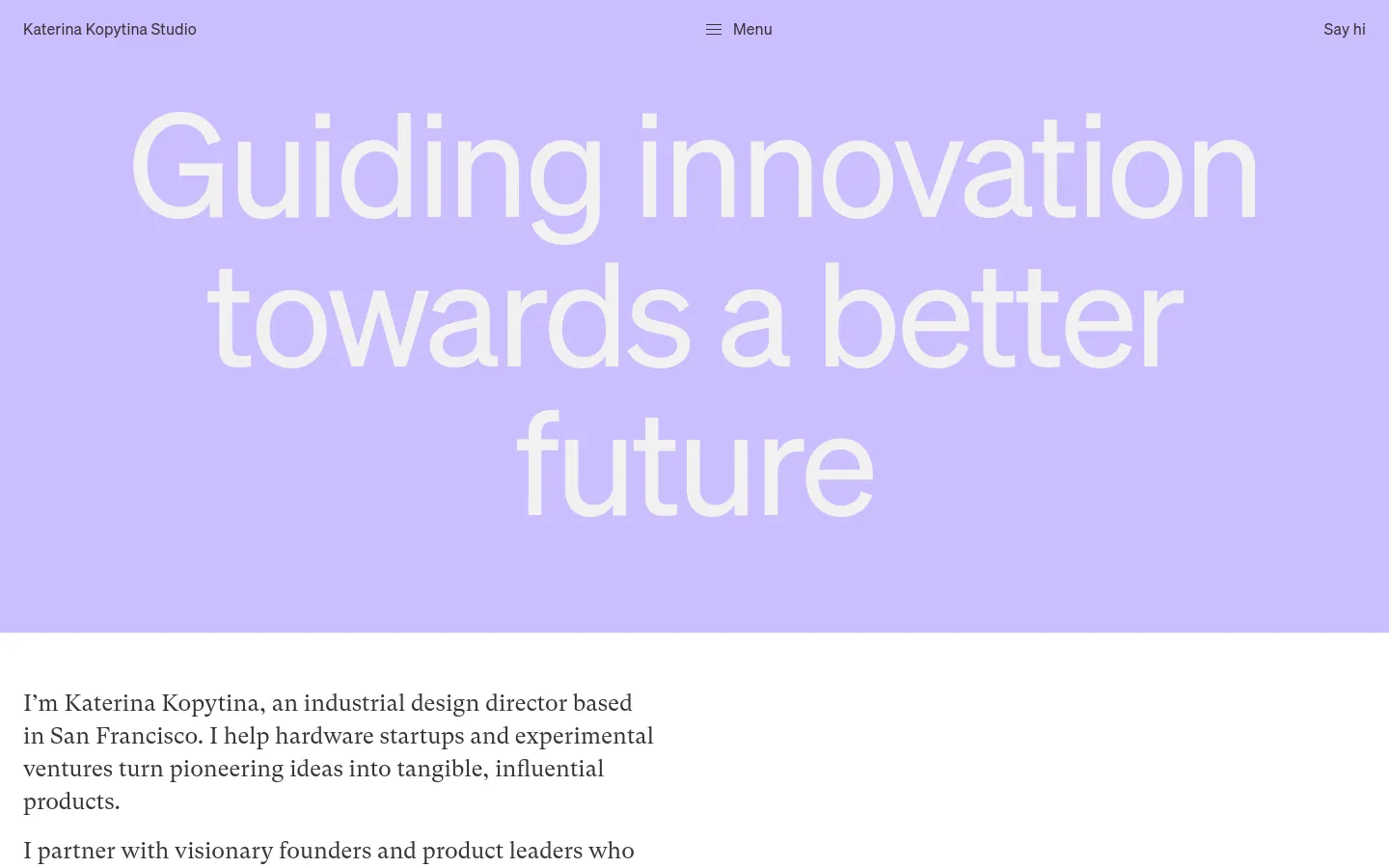 The desktop version features a minimalist design with a large lavender background. A massive white headline reading 'Guiding innovation towards a better future' dominates the hero section, followed by introductory text about Katerina Kopytina in a clean, black sans-serif font.