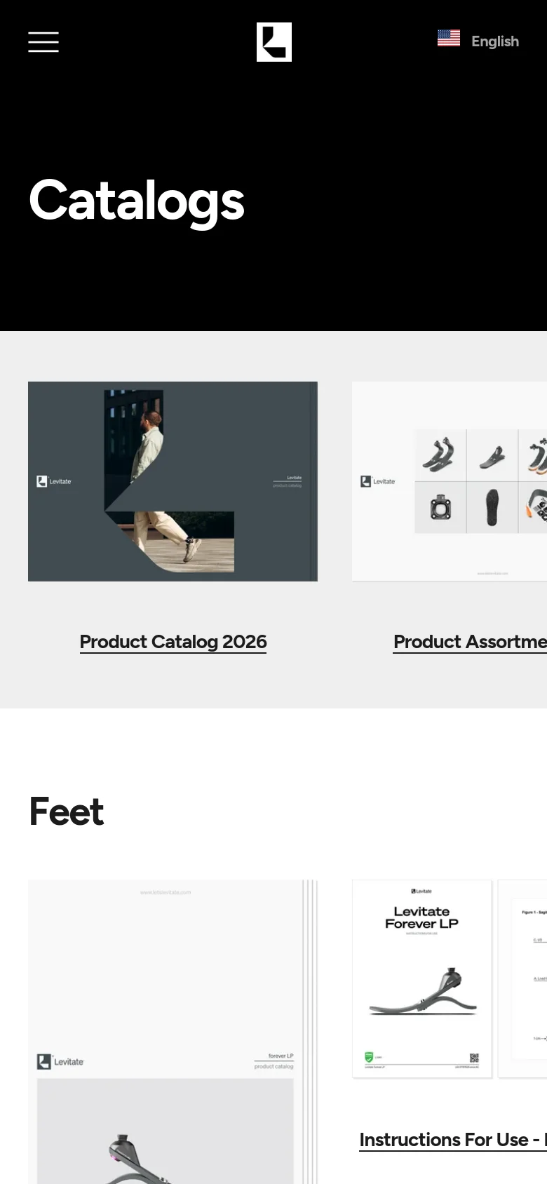 The mobile version presents a vertically stacked layout with a black header containing a hamburger menu, logo, and language selector. The 'Catalogs' title is large and prominent against the black background, followed by the catalog preview images and links arranged in a single column for easier scrolling. The content remains minimalist, focusing on large touchable elements and clear typography.