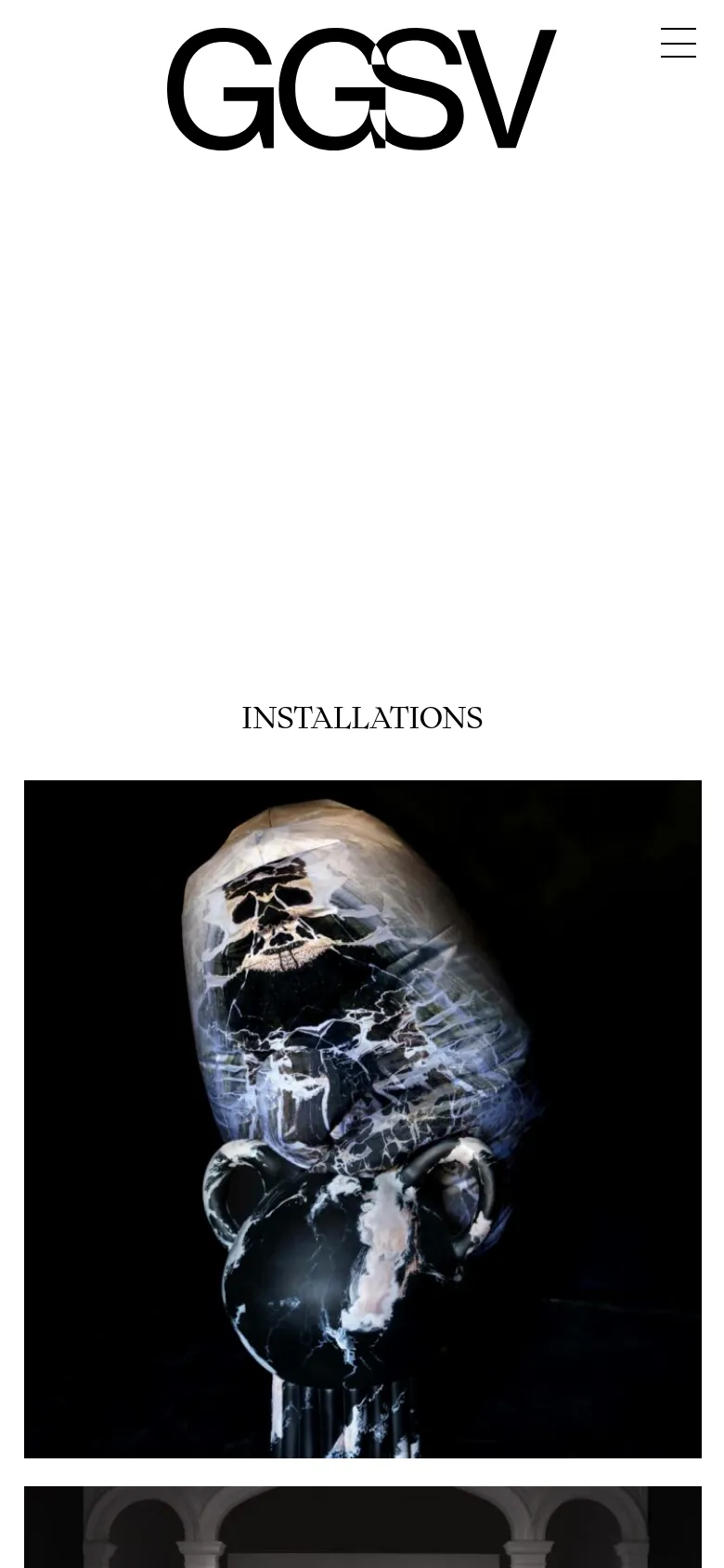 The mobile version maintains the minimalist white and black aesthetic but uses a condensed layout. The top navigation is replaced by a large 'GGSV' logo and a hamburger menu icon on the right. The 'INSTALLATIONS' heading is centered above a single-column vertical scroll of large project images and titles.