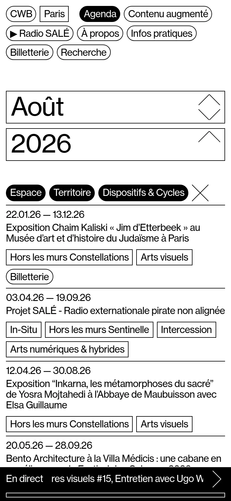 The mobile version maintains the minimalist white and black aesthetic but uses a vertical stack layout. The navigation menu is condensed into pill-shaped buttons at the top, and the large month and year selectors occupy full width. Event listings are simplified into a single column of text and tags to fit the narrow screen.