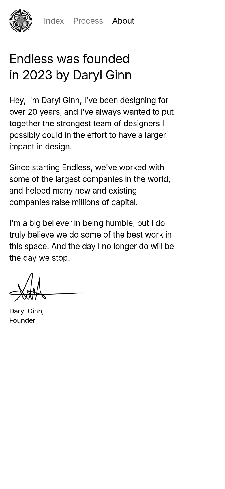 The mobile version maintains the minimalist white and black aesthetic but utilizes a single-column layout for easier scrolling. The navigation links are stacked or simplified at the top, and the text is scaled for readability on a smaller screen, with the signature appearing at the base of the text content.