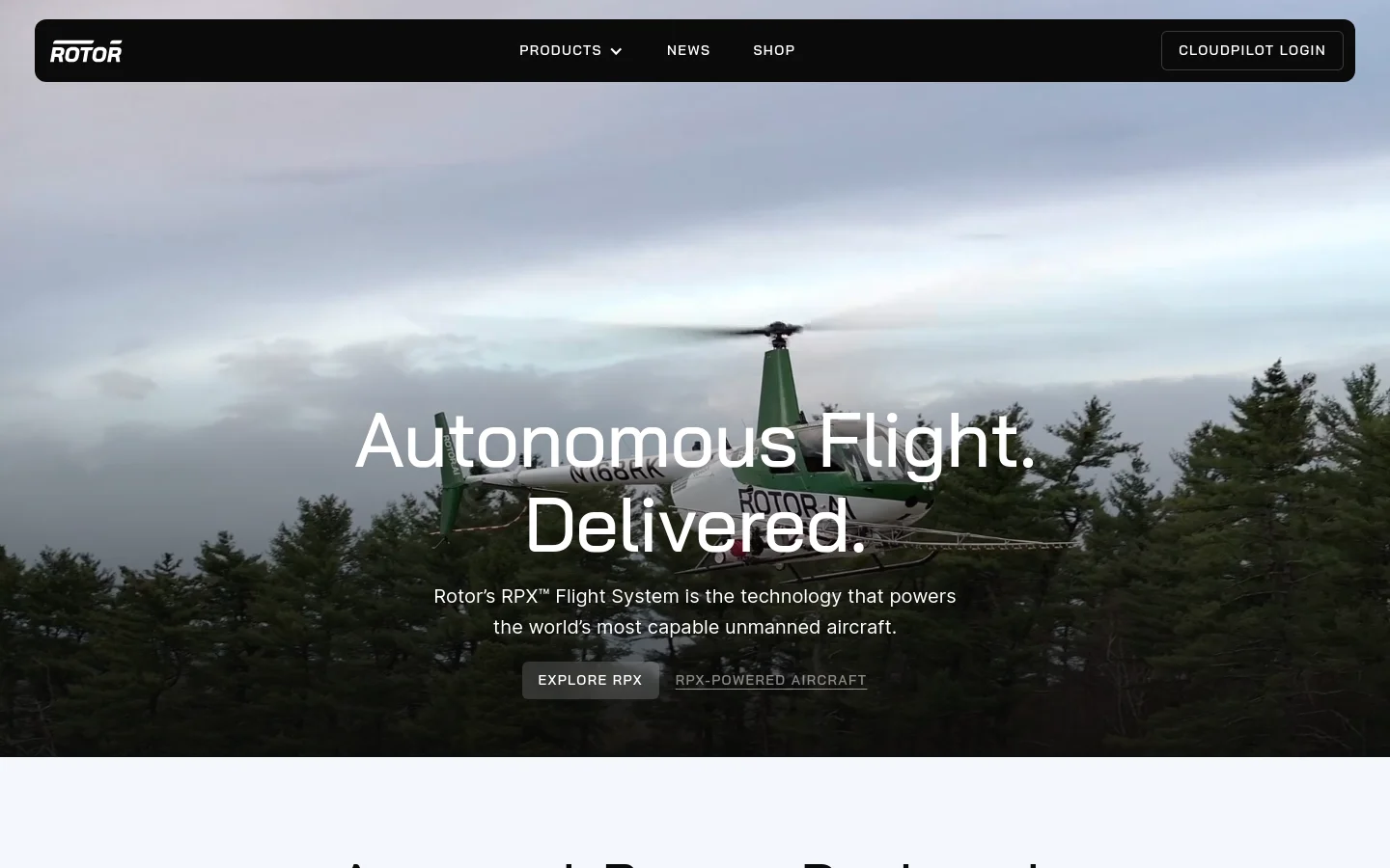 The desktop homepage features a dark navigation bar with the Rotor logo, Products, News, Shop, and Cloudpilot Login links. A large hero section displays a wide cinematic shot of a green unmanned helicopter flying over a forest under a cloudy sky, overlaid with the headline 'Autonomous Flight. Delivered.' and two call-to-action buttons: 'EXPLORE RPX' and 'RPX-POWERED AIRCRAFT'.