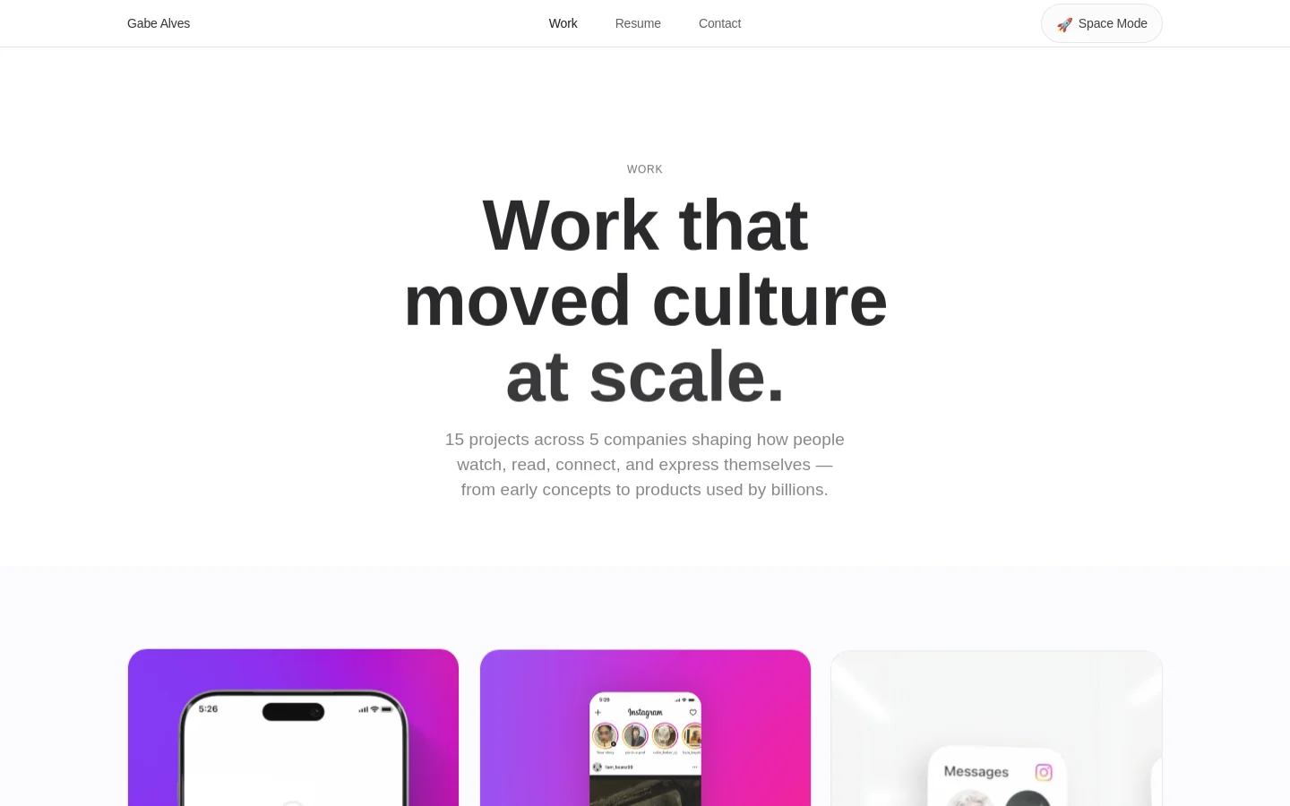 The desktop version features a minimalist white background with a large, centered headline reading 'Work that moved culture at scale.' Below the headline, a brief description introduces 15 projects. A grid of large project cards follows, each displaying a high-quality image or GIF of a mobile interface, a project title, year, and company name.