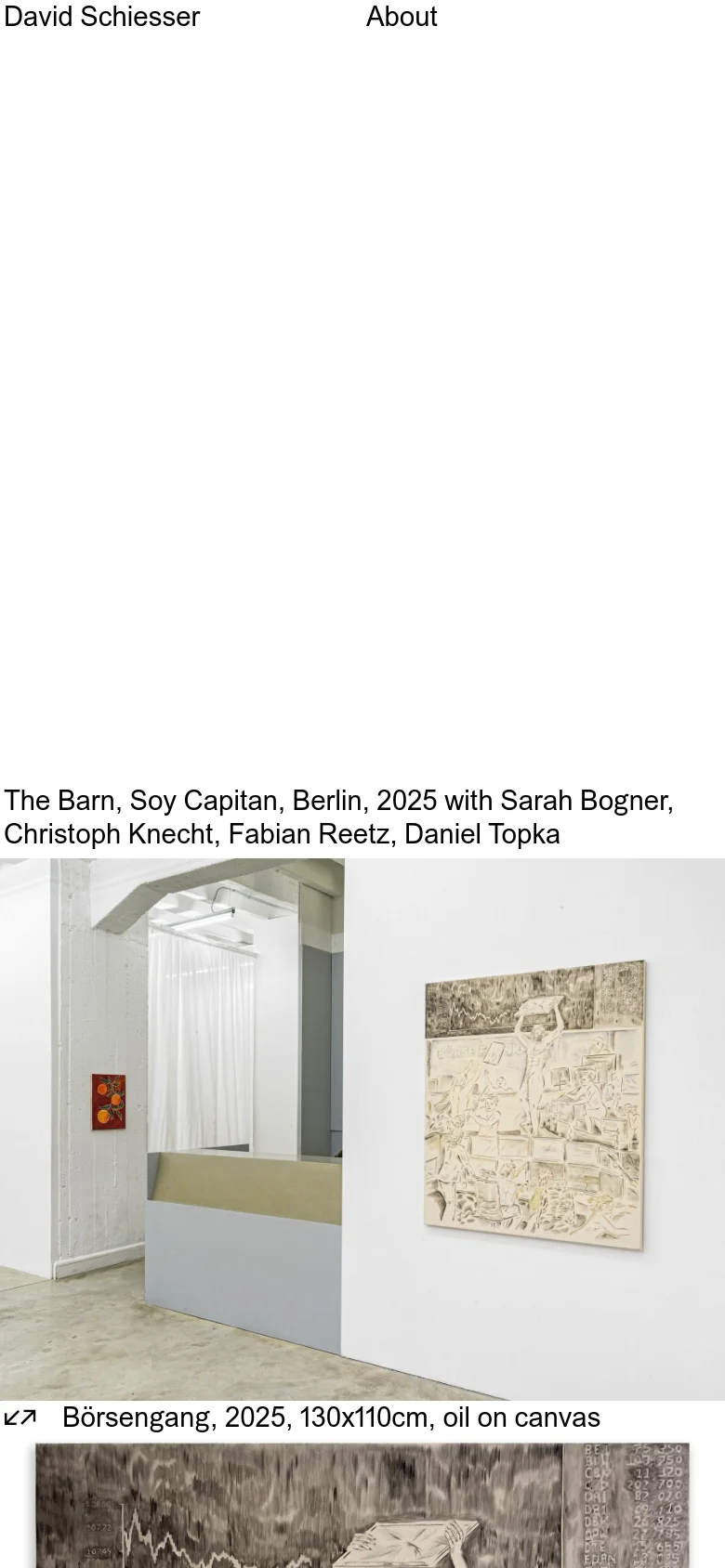 David Schiesser artist homepage with a mobile-optimized vertical stack. The layout presents large art installation images and project titles in a single-column scroll, maintaining a minimalist aesthetic with high-contrast black text on white.