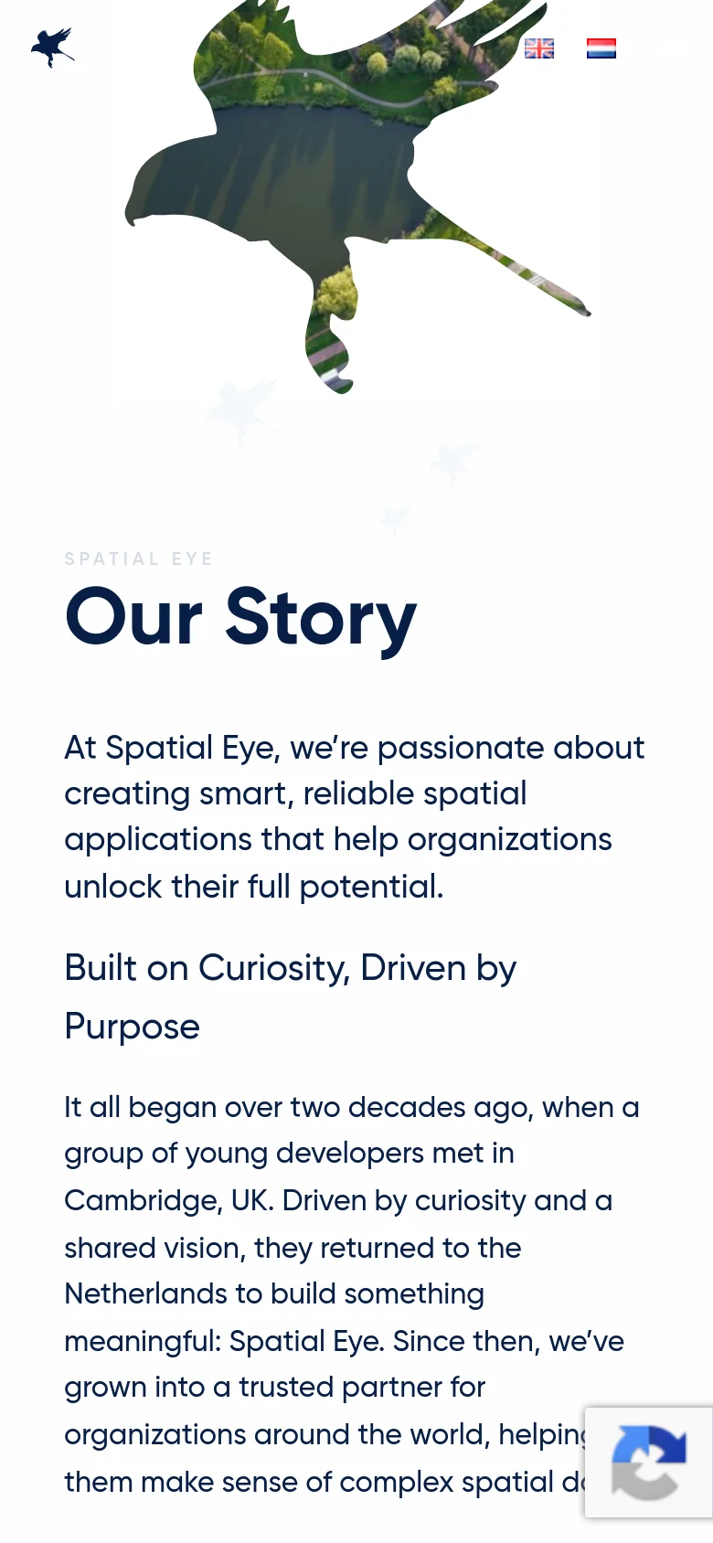 The mobile version presents a vertically stacked layout with the 'Our Story' headline and text content appearing first. The large bird silhouette and landscape imagery are repositioned to flow around or beneath the text, and the top navigation is condensed into a simplified mobile menu structure.