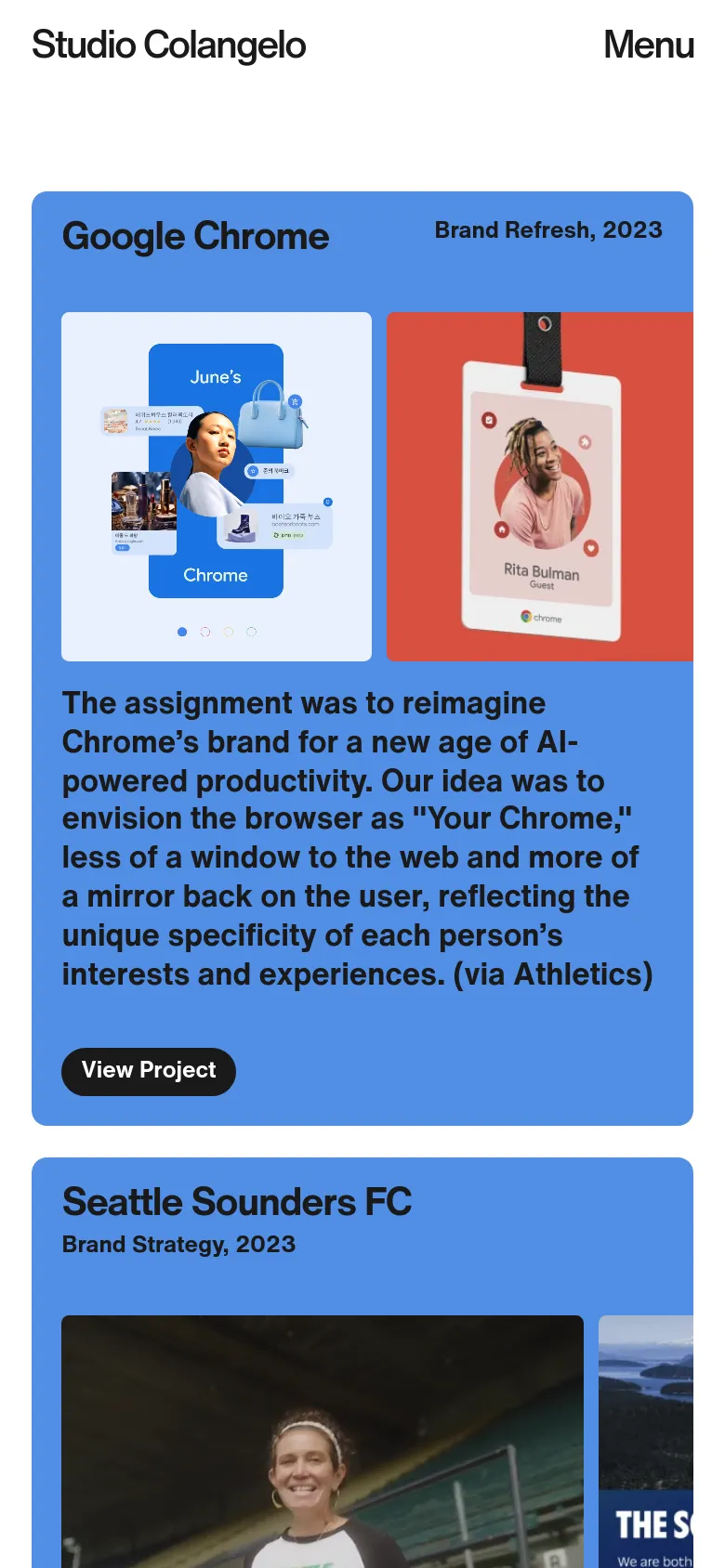 The mobile version presents the portfolio in a single-column vertical stack. The project cards are full-width, maintaining the large imagery, descriptive text, and 'View Project' buttons, while the navigation is condensed into a 'Menu' link in the top right corner.