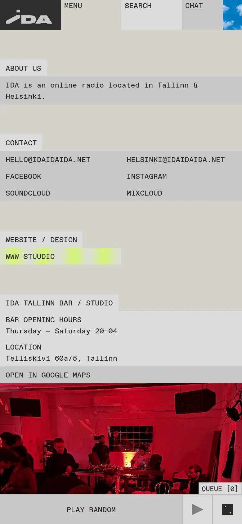 The mobile version presents the same content in a single-column vertical stack, making the text and sections easier to scroll through. The red-tinted bar image remains a central visual element, and the bottom music player controls are simplified for a smaller screen.