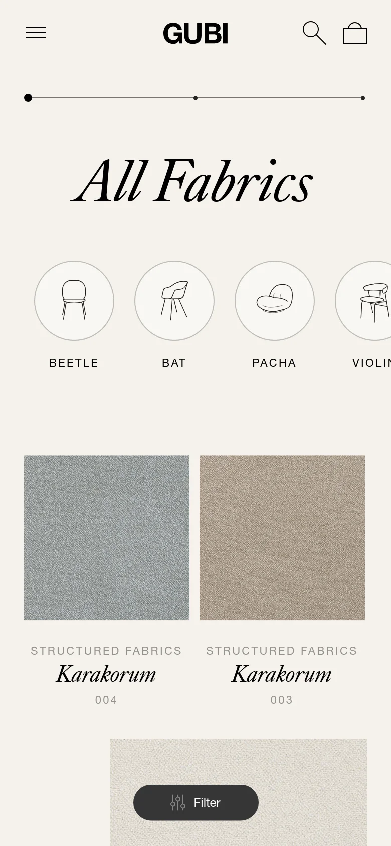 The mobile version maintains the minimalist beige aesthetic but uses a vertical layout with a simplified header containing a hamburger menu, the GUBI logo, a search icon, and a shopping bag. The 'All Fabrics' title is centered above a single row of circular furniture model icons, and a floating dark grey 'Filter' button is positioned near the bottom of the screen.