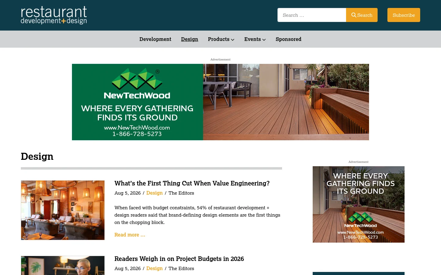 The Design page features a dark teal header with the restaurant development + design logo and a navigation menu. A large horizontal advertisement for NewTechWood sits above a main content area titled 'Design' which displays a list of articles, each with a large feature image, headline, date, and summary. The layout is clean with a white background and dark text.