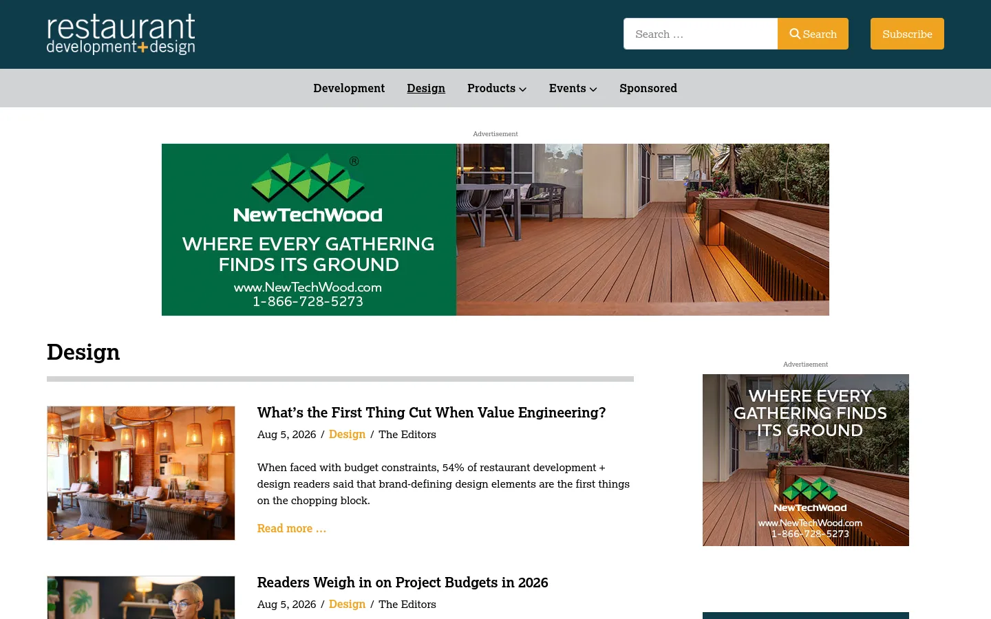 The Design page features a dark teal header with the restaurant development + design logo and a navigation menu. A large horizontal advertisement for NewTechWood sits above a main content area titled 'Design' which displays a list of articles, each with a large feature image, headline, date, and summary. The layout is clean with a white background and dark text.