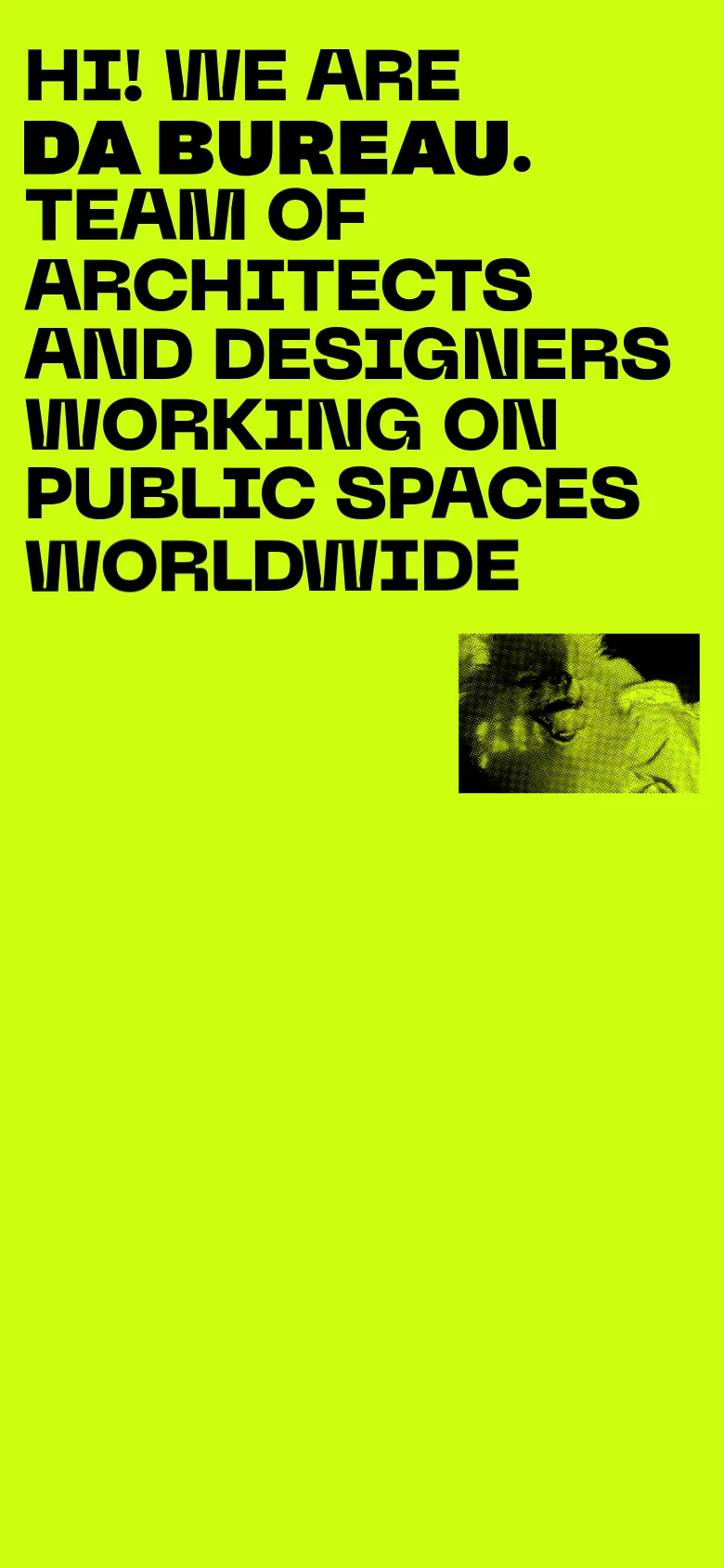 The mobile version maintains the high-contrast lime green and black color scheme but stacks the large, bold headline vertically to fit the narrow screen. The small dog image is positioned below the text block, and the overall layout is simplified into a single-column scrolling experience optimized for vertical viewing.