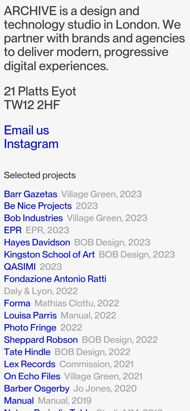 The mobile version maintains the minimalist white and black aesthetic but shifts to a single-column vertical layout. The headline and contact information are stacked at the top, followed by a continuous vertical list of project links that requires scrolling.