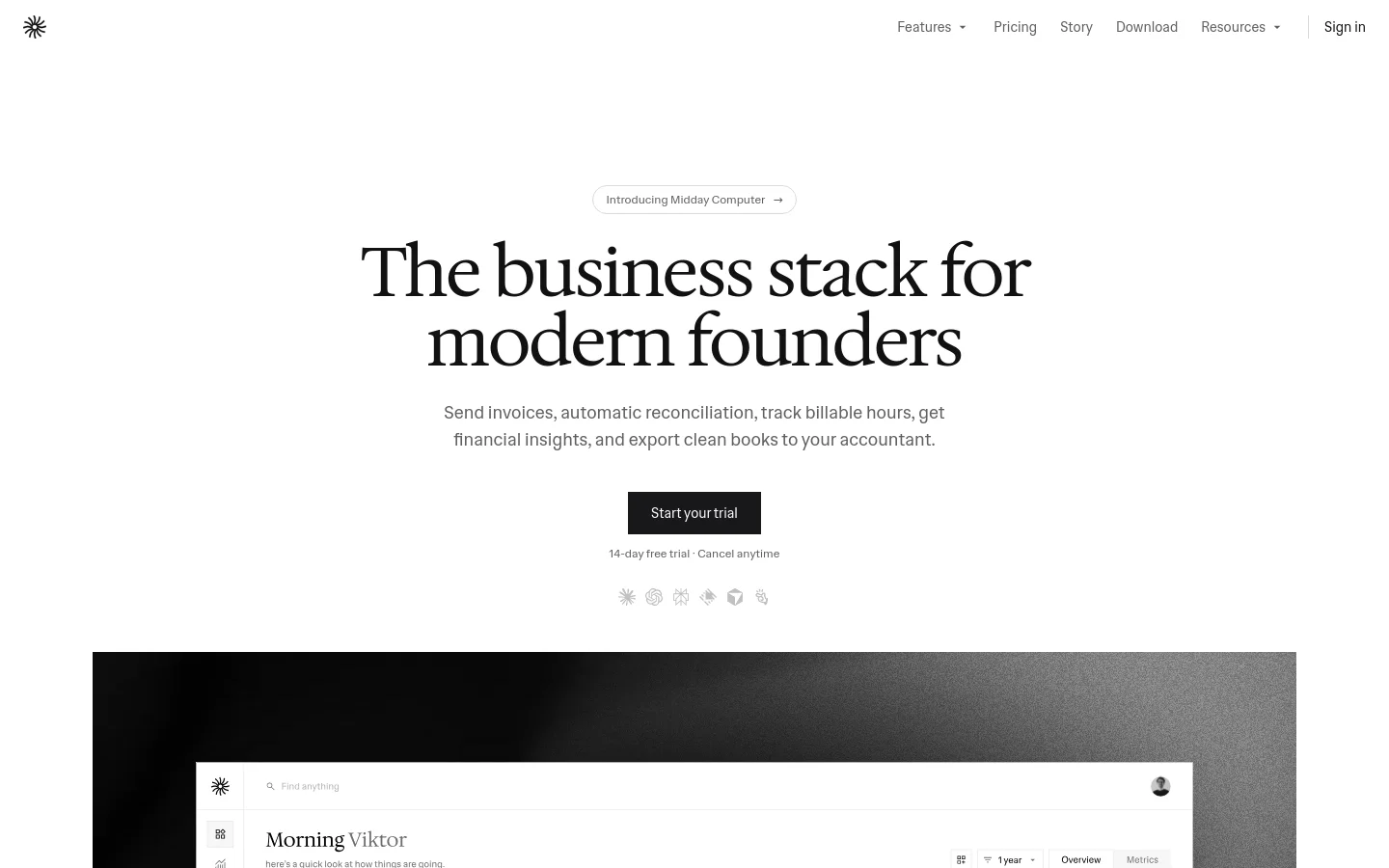 The desktop homepage features a minimalist white background with a centered hero section. It displays a large serif headline, 'The business stack for modern founders,' followed by a subheadline and a black 'Start your trial' button. Below the button is a row of light gray tool icons and a large preview image of the Midday software dashboard.