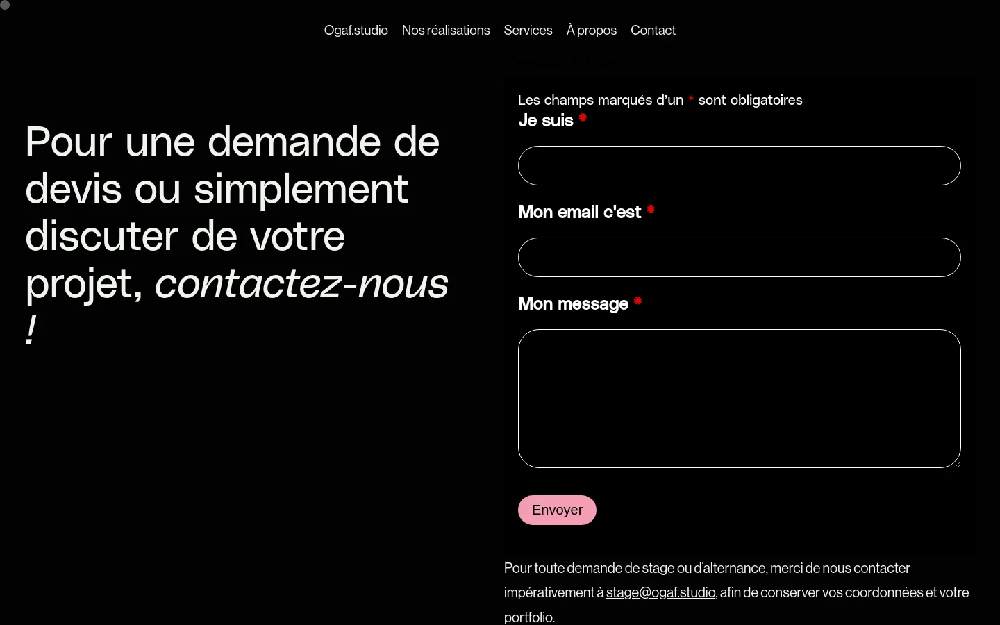 The desktop contact page features a dark theme with a two-column layout. On the left, large white typography invites users to get in touch, while the right side contains a contact form with fields for identity, email, and message, topped by a minimalist navigation menu.