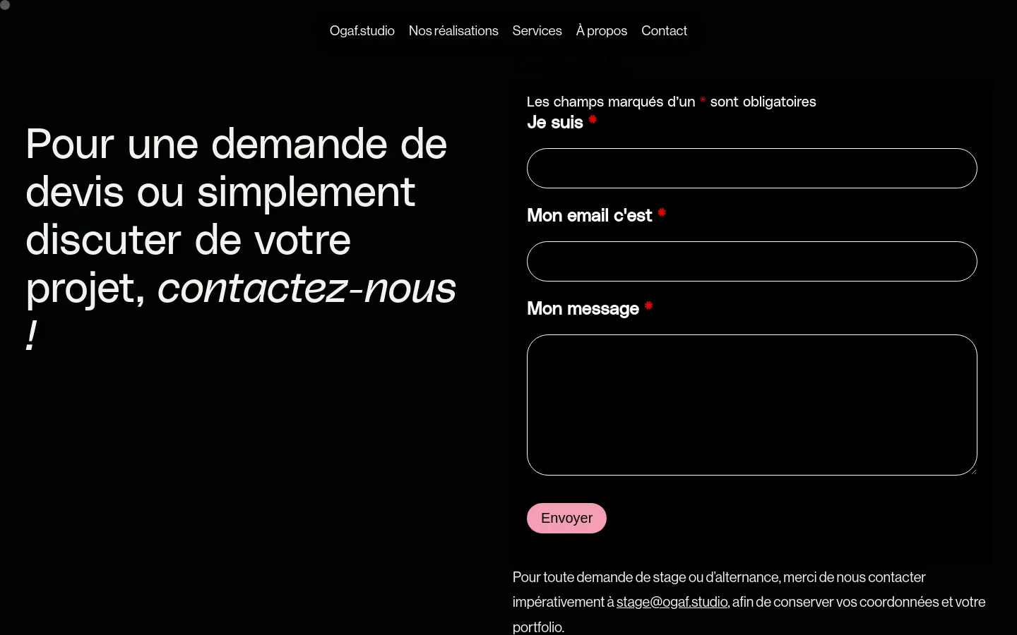 The desktop contact page features a dark theme with a two-column layout. On the left, large white typography invites users to get in touch, while the right side contains a contact form with fields for identity, email, and message, topped by a minimalist navigation menu.