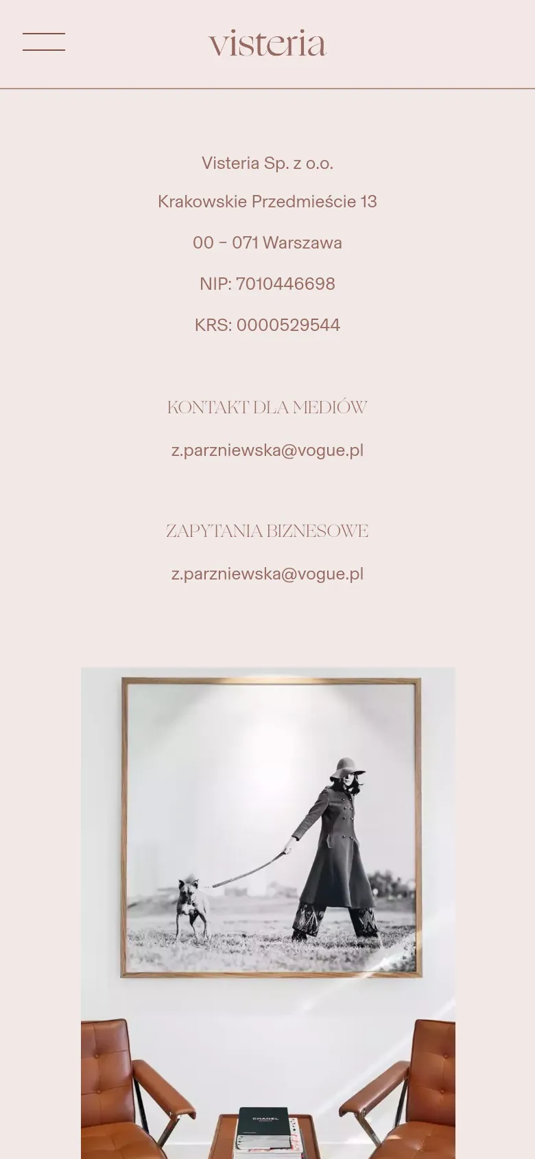 The mobile version uses a single-column vertical layout on a light beige background. The contact information and email addresses are stacked at the top, followed by a large, full-width version of the office interior photograph featuring the framed black-and-white portrait. The navigation is condensed into a hamburger menu icon at the top left.