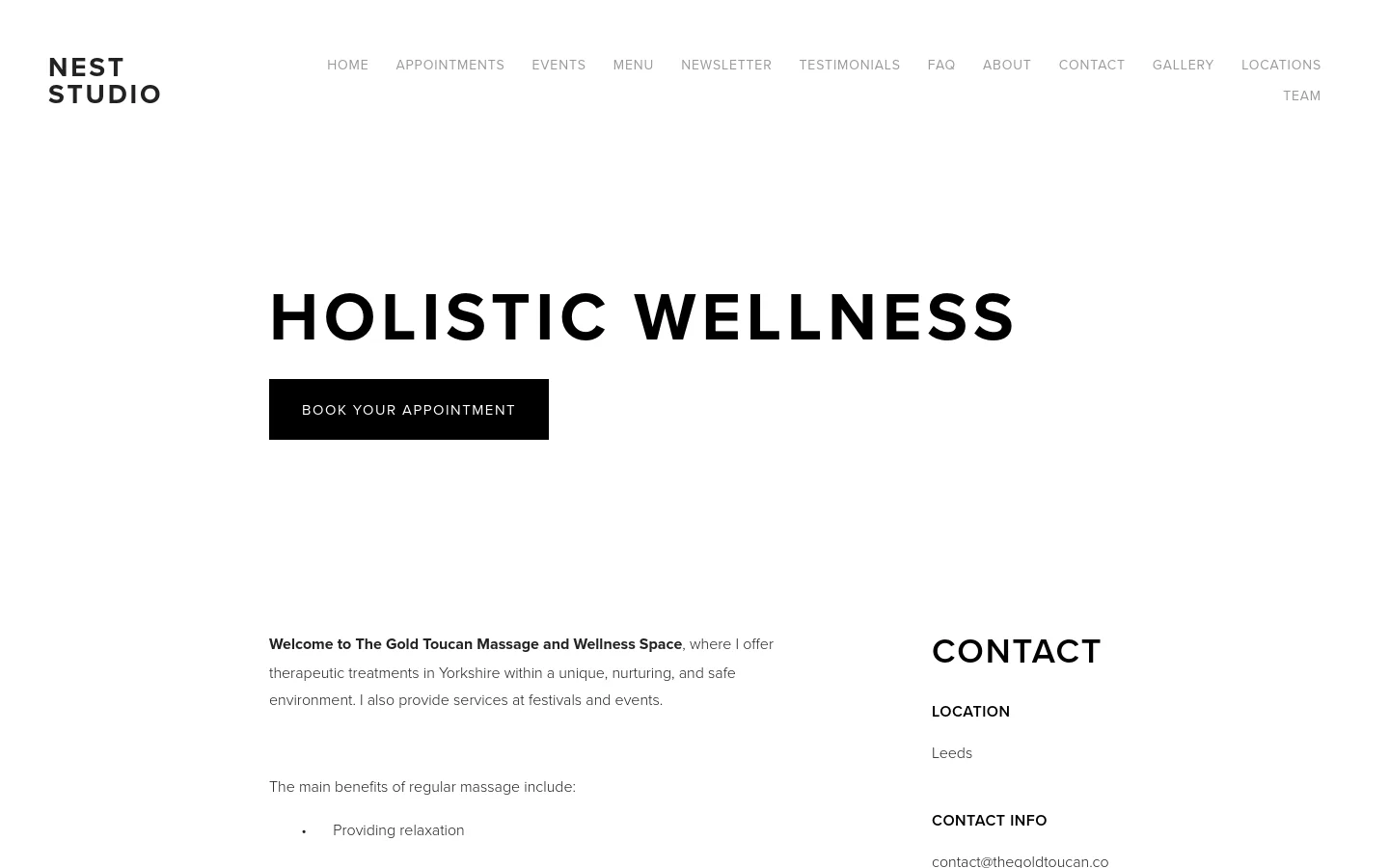 The desktop homepage for Nest Studio features a minimalist white background with black text. A large hero headline reads 'HOLISTIC WELLNESS' above a prominent black 'BOOK YOUR APPOINTMENT' button, with a horizontal navigation menu at the top. Below the hero section, text describes the wellness services and a contact section lists the Leeds location.
