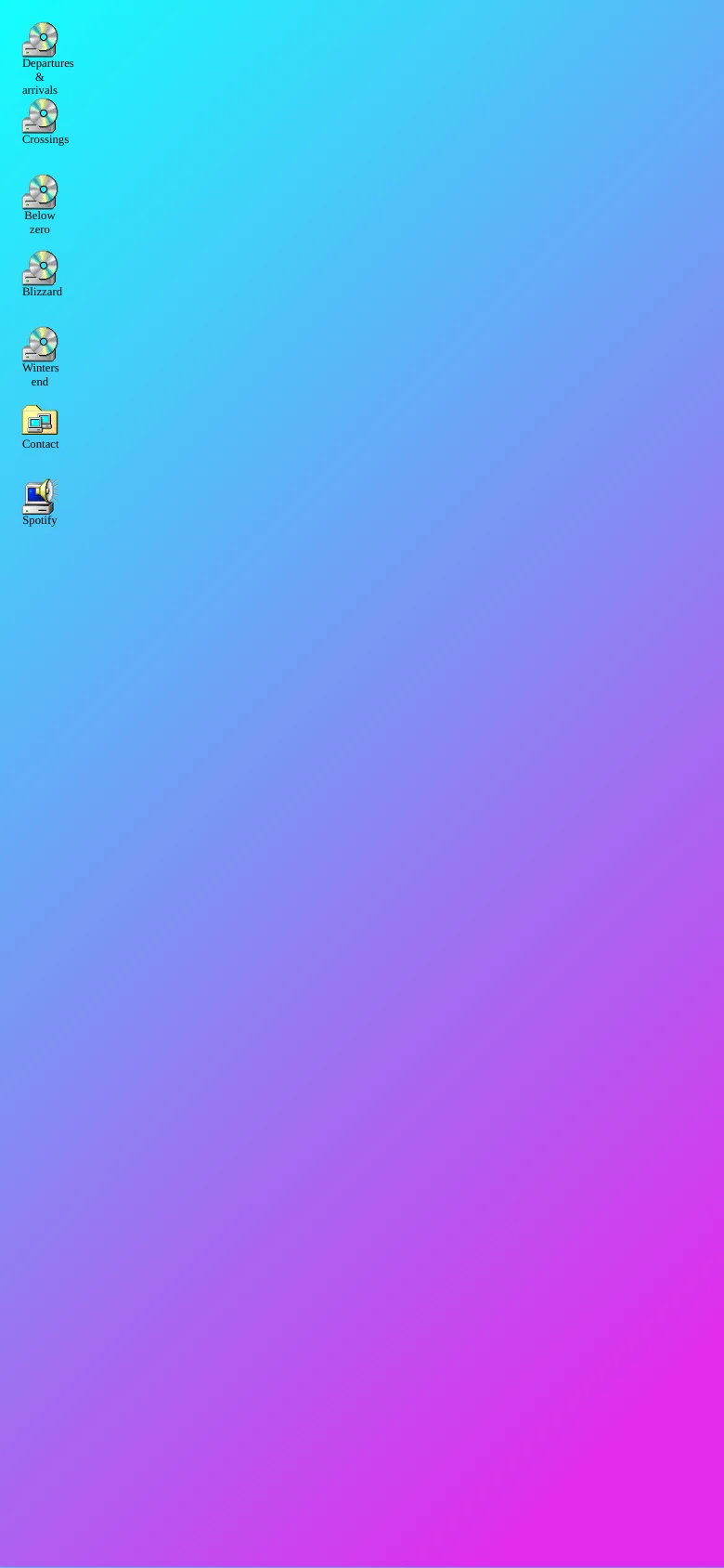 The mobile version maintains the cyan to purple gradient background and the vertical navigation menu. The layout is identical to the desktop version, with small retro computer icons and text links stacked vertically on the left side of the screen.